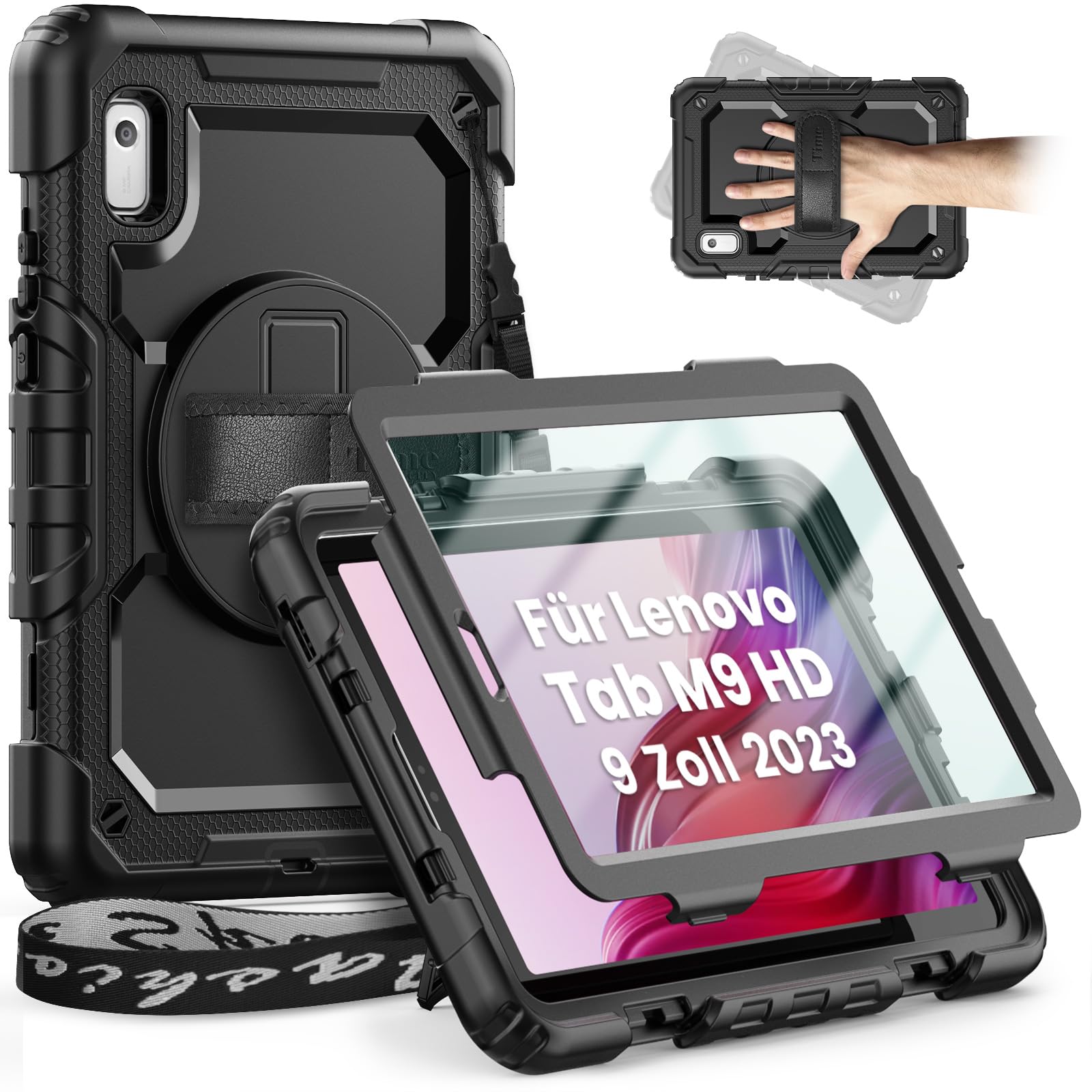 ProCase Cover Lenovo Tab M9 9 Pollici Rilasciato nel 2023, Custodia Robusta Antiurto per Impieghi Gradi Custodia Protettiva con Cavalletto Girevole a 360 Gradi - Nero