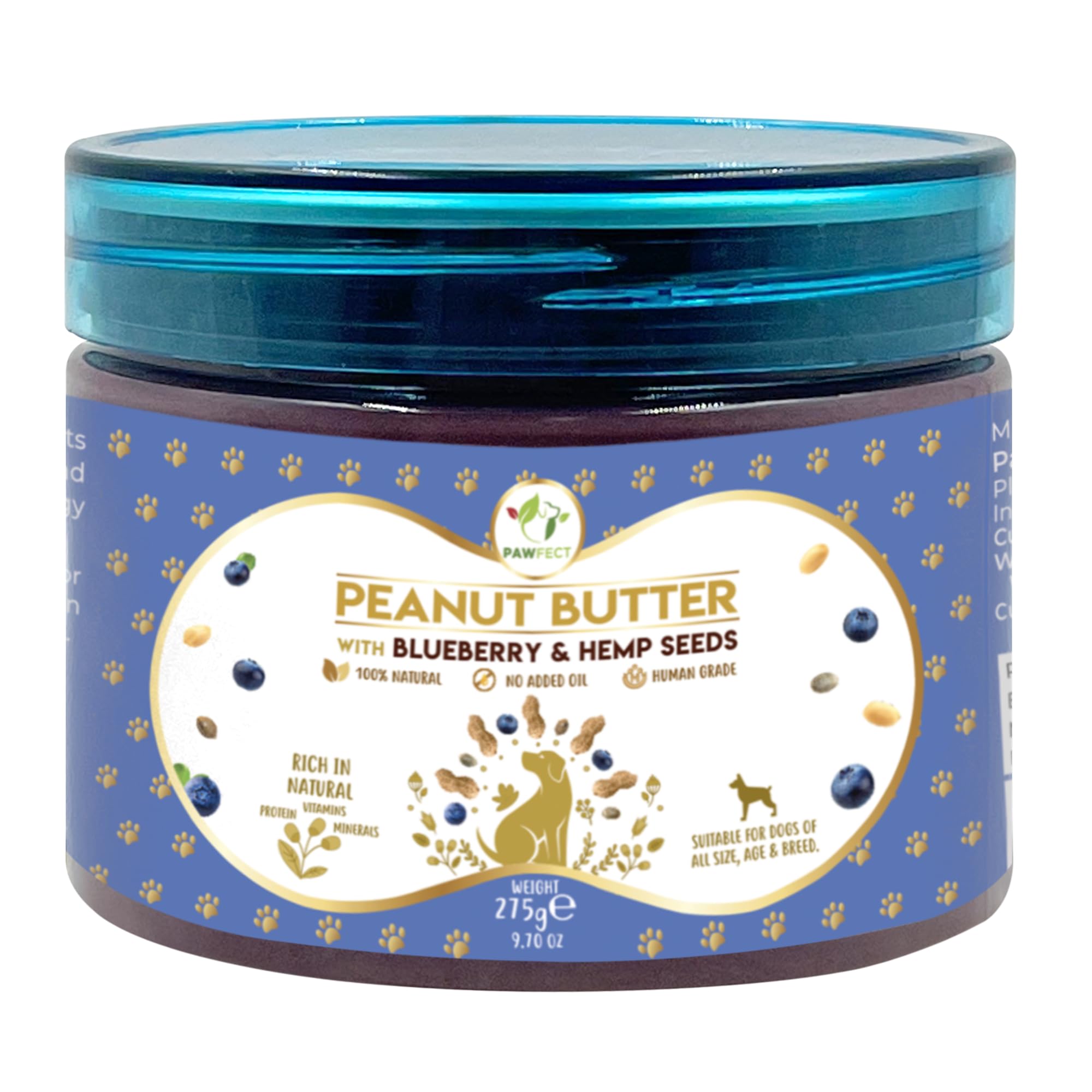 Pawfect Peanut Butter with Blueberries & Hempseeds for Dogs & Puppies - 100% Natural Lickable Treat - No Added Sugar, Salt, Palm Oil - No Sweeteners, No Xylitol - Healthy Dog Treat - (275g/9.70oz)