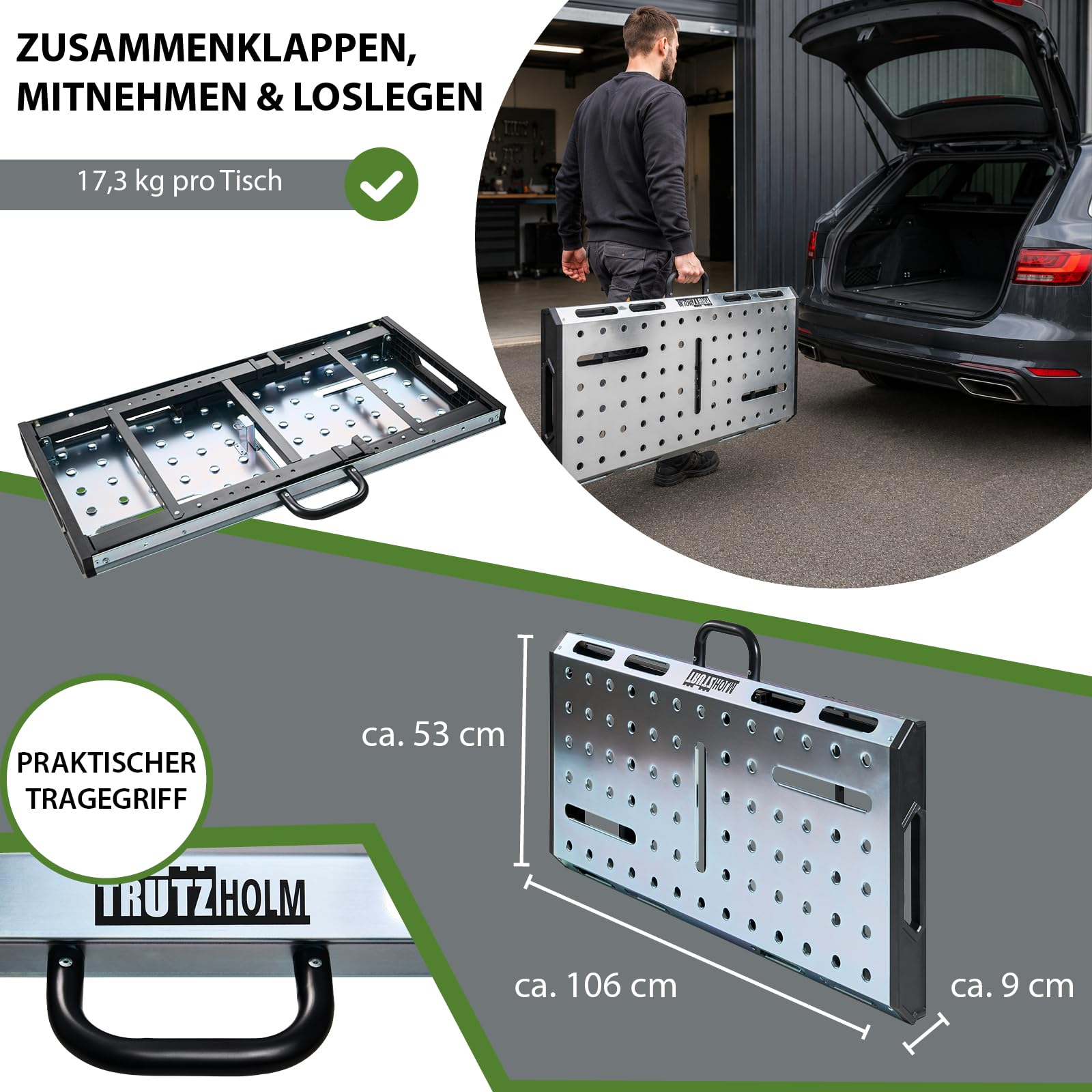 TRUTZHOLM Schweißtisch klappbar 450kg 7-Fach höhenverstellbar 71-93cm Werkbank mit Lochraster Arbeitsfläche 106 x 53 cm Werkstatttisch für Schweißen Montage Garage Metallbearbeitung