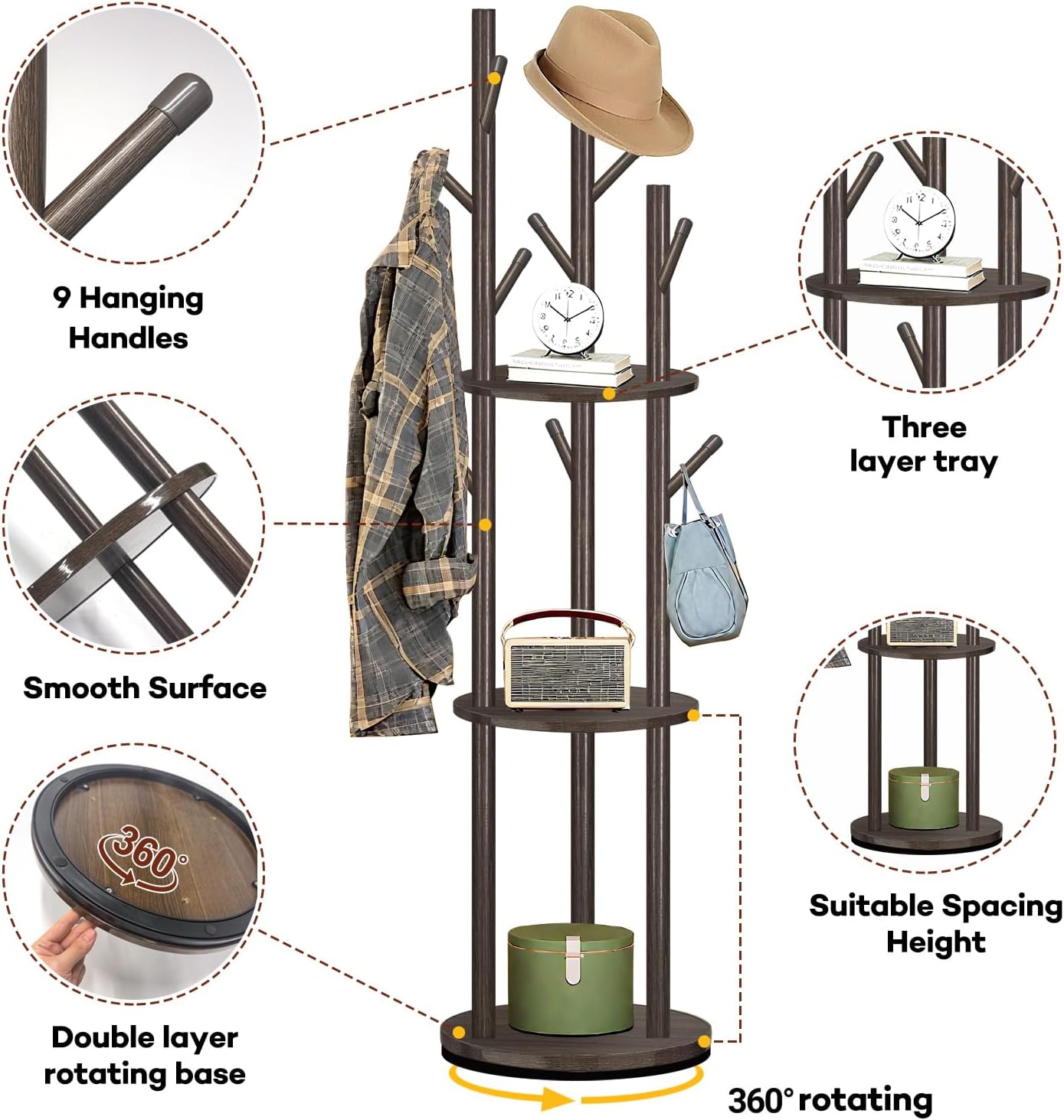 Freestanding Coat Rack, Solid Pine Wood Rotary Coat Tree with 3 Shelves and 9 Hanging Handles, Coat Hanger Stand for Bedroom, Entryway, Livingroom(Walnut Color)