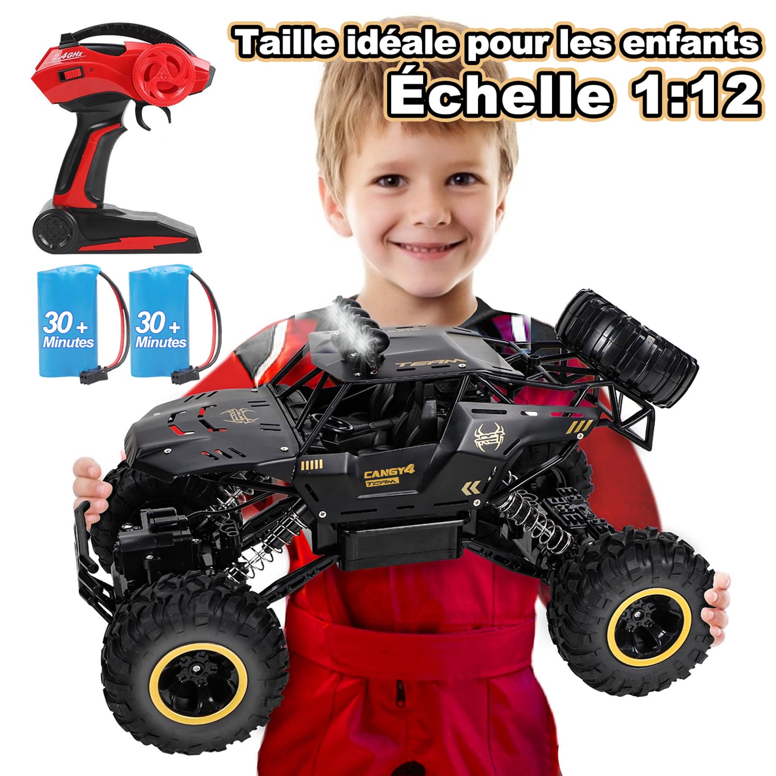 Jiakora 1:12 Grande Voiture télécommandée, 2,4 GHz rc Jouet, 4x4 télécommandée Tout Terrain, Monster Truck avec lumière LED, 2 Batteries, Voiture téléguidée Enfant Cadeau pour garçons de 6 Ans