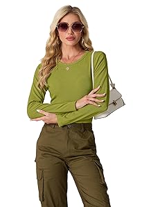 IWOLLENCE Womens Ribbed Long Sleeve Crewneck Casual Slim Basic Shirts Fitted Knit Tops