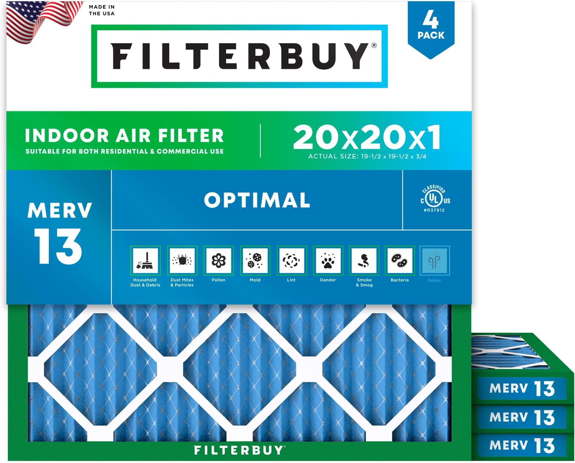 Filterbuy 20x20x1 Air Filter MERV 13 Optimal Smoke & Allergy Defense (4-Pack), Electrostatic Pleated HVAC AC Furnace Filters Replacement (Actual Size: 19.50 x 19.50 x 0.75)