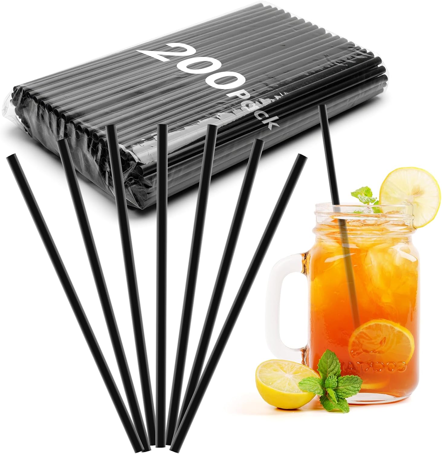 200 PCS Plastic Drinking Straws Disposable – Unwrapped Black Straws, 7.75" x 0.24", BPA-Free Plastic Straws for Daily Use, Office, Events