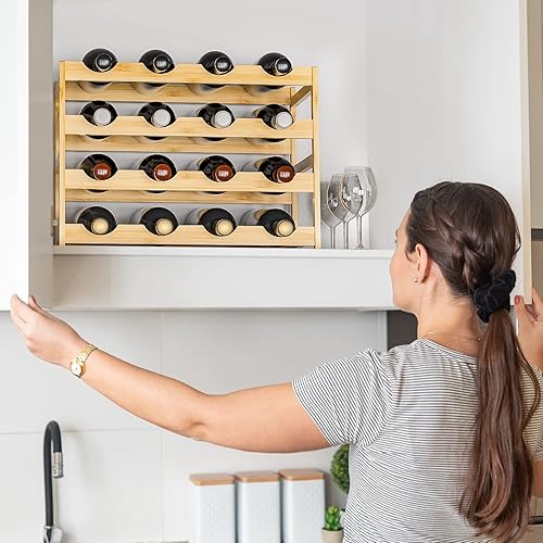 Miniatura 4 de Ruichang Estante de vino resistente para encimera de vino, soporte de bambú para botellas de vino, estantes de almacenamiento de vino, soportes para