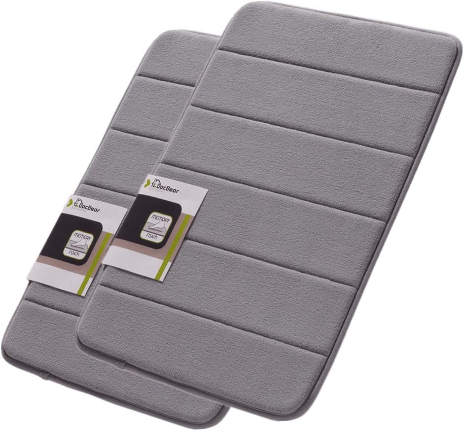 17x24-Inch Coral Velvet Non Slip Memory Foam Bath Mat, Grey (Pack of 2)