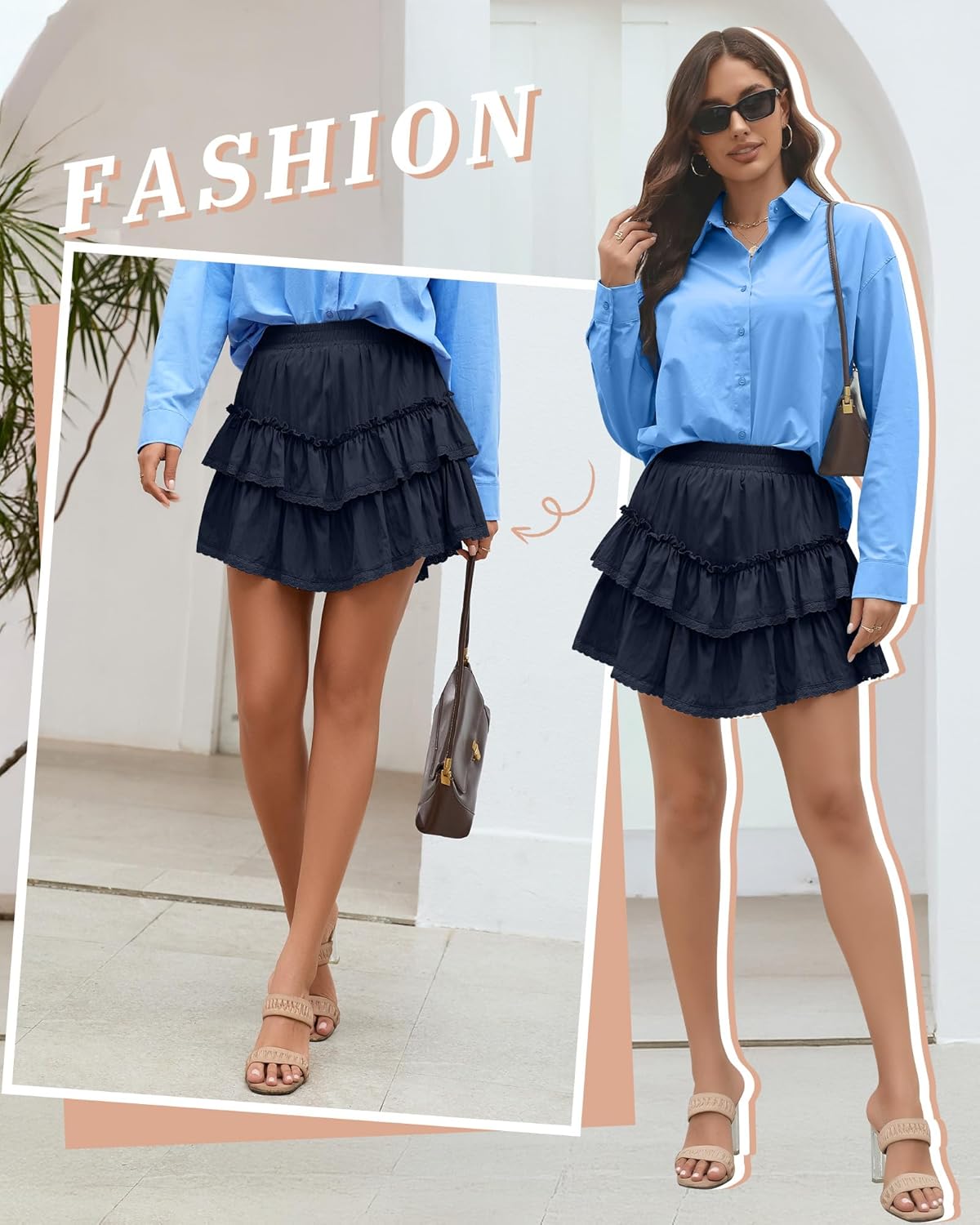 Ficerd Women's Ruffle Flowy Short Skirt Tiered Lace Mini Skorts High Waist Pleated Boho Cute Summer Shorts - Image 6