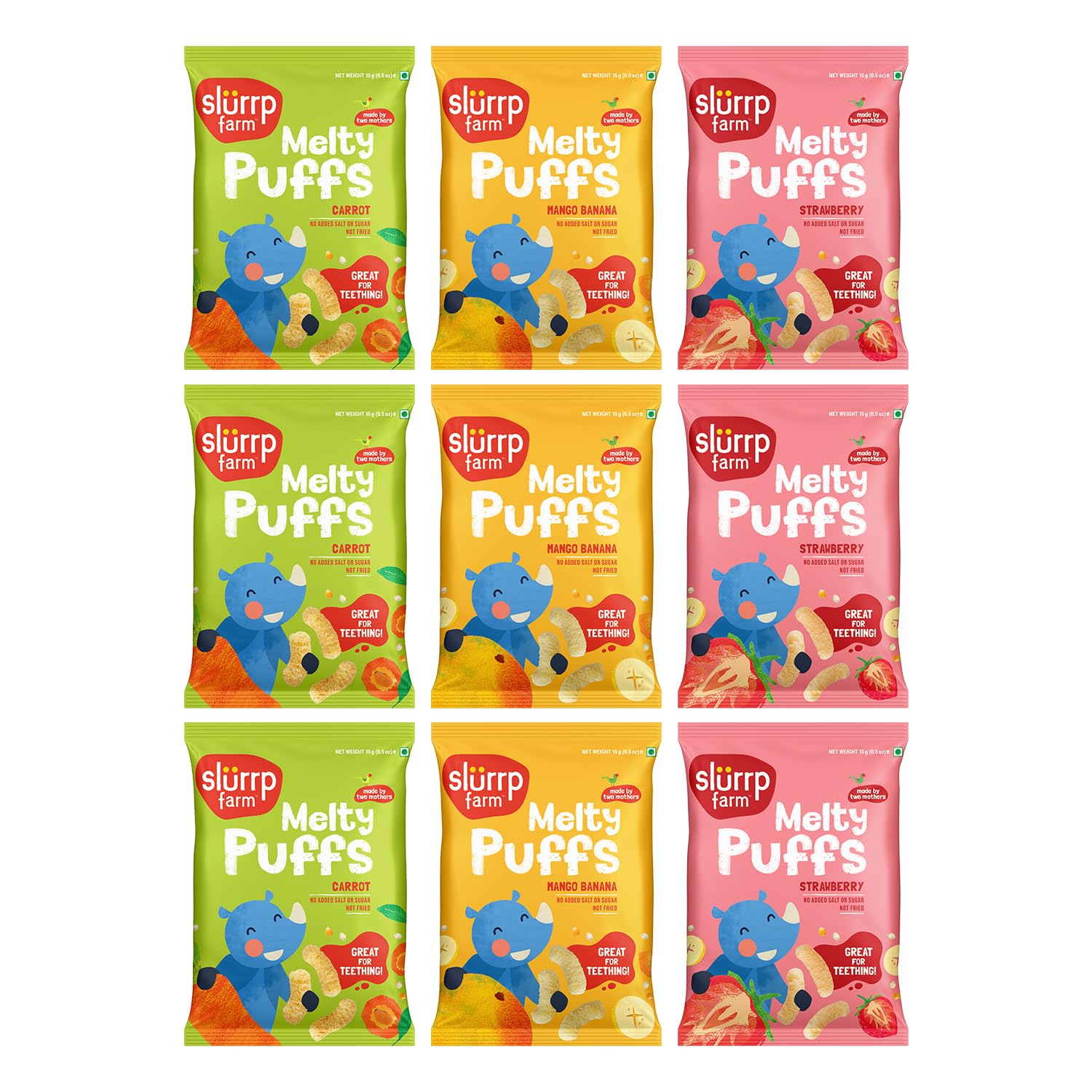 Teething Puffs | Fruit and Vegetable Puffs, Baked in Yummy Flavours- Carrot, Strawberry & Banana, Mango | Pack of 9