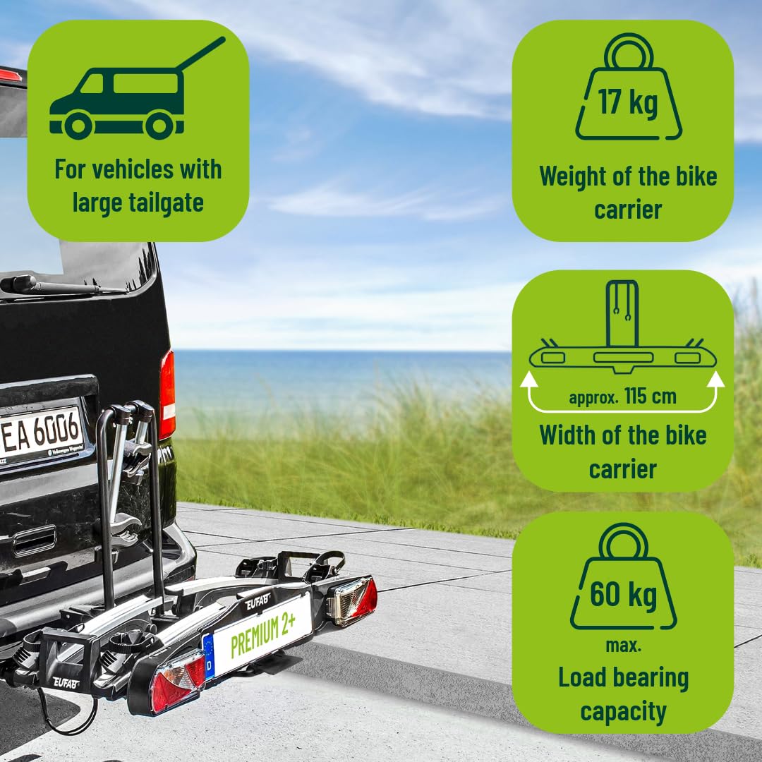 EUFAB Portabicicletas 11523 Premium 2 Plus, Apto para Grandes portones Traseros, Completamente premontado, antirrobo, 2 Bicicletas, Enganche de Remolque, Negro/Gris, (Ancho x Alto x Profundidad),
