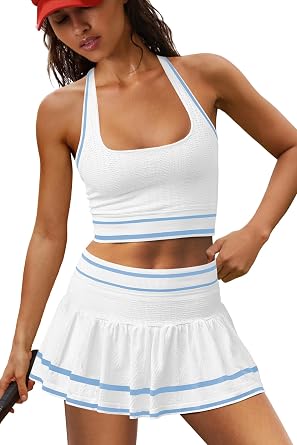 LAMISSCHE Seamless Athletic Skirt Set Square Neck Tank Pleated Skort Set