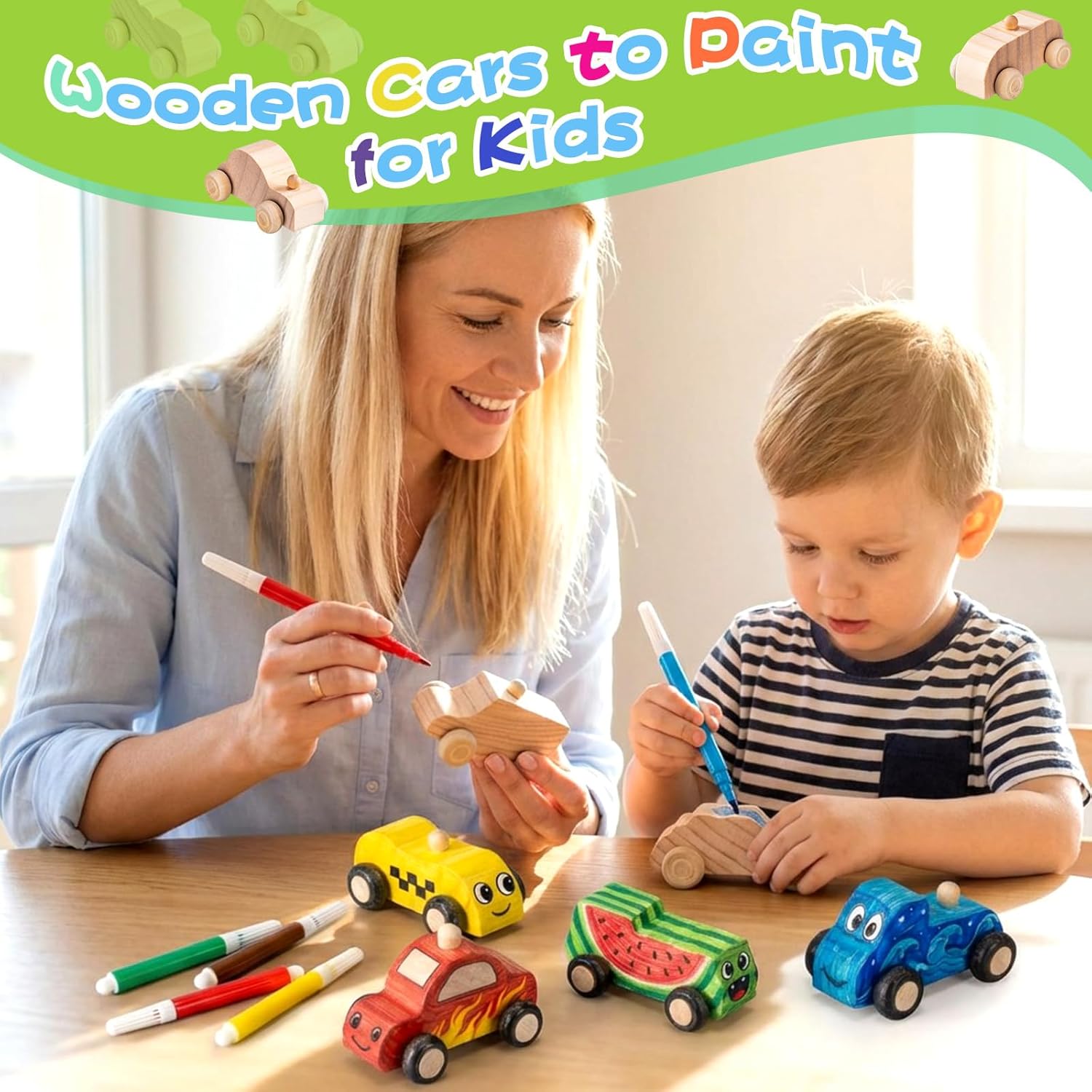 Leyndo 12 Pcs Unfinished Wood Cars to Paint Wooden Painting Crafts, DIY Car Toys with 12 Watercolor Pens & 12 Car Sticker Sheets for Kids Students Home Classroom Woodworking Family Art Activities