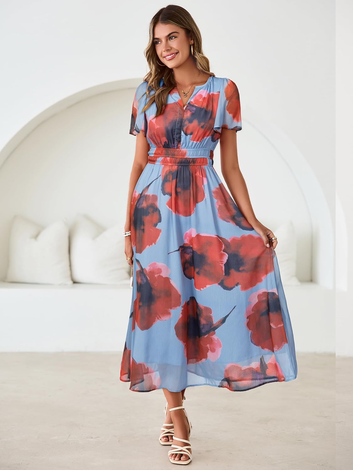 Simplee Women Floral Summer Maxi Dress Boho Flowy Casual Chiffon Short Sleeves V Neck Long Wedding Guest Dresses - Image 5