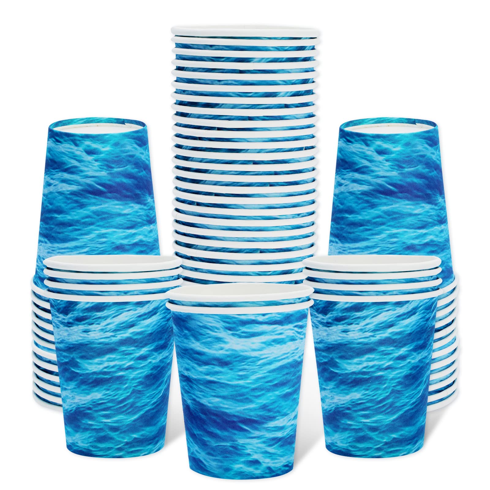 Whaline50 Pcs Ocean Waves Disposable Paper Cups 9 oz Summer Sea Theme Coffee Tea Cups Blue Beverage Drinking Cups Disposable Bathroom Cups for Summer Ocean Theme Party Supplies