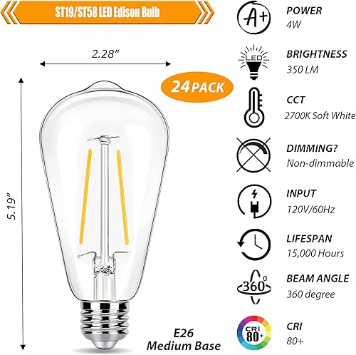 Miniatura 2 de Paquete de 24 bombillas LED Edison equivalentes a 40 vatios, bombilla LED vintage de 4 W, bombilla blanca suave ST19 de 2700 K, base E26 de 350 lm