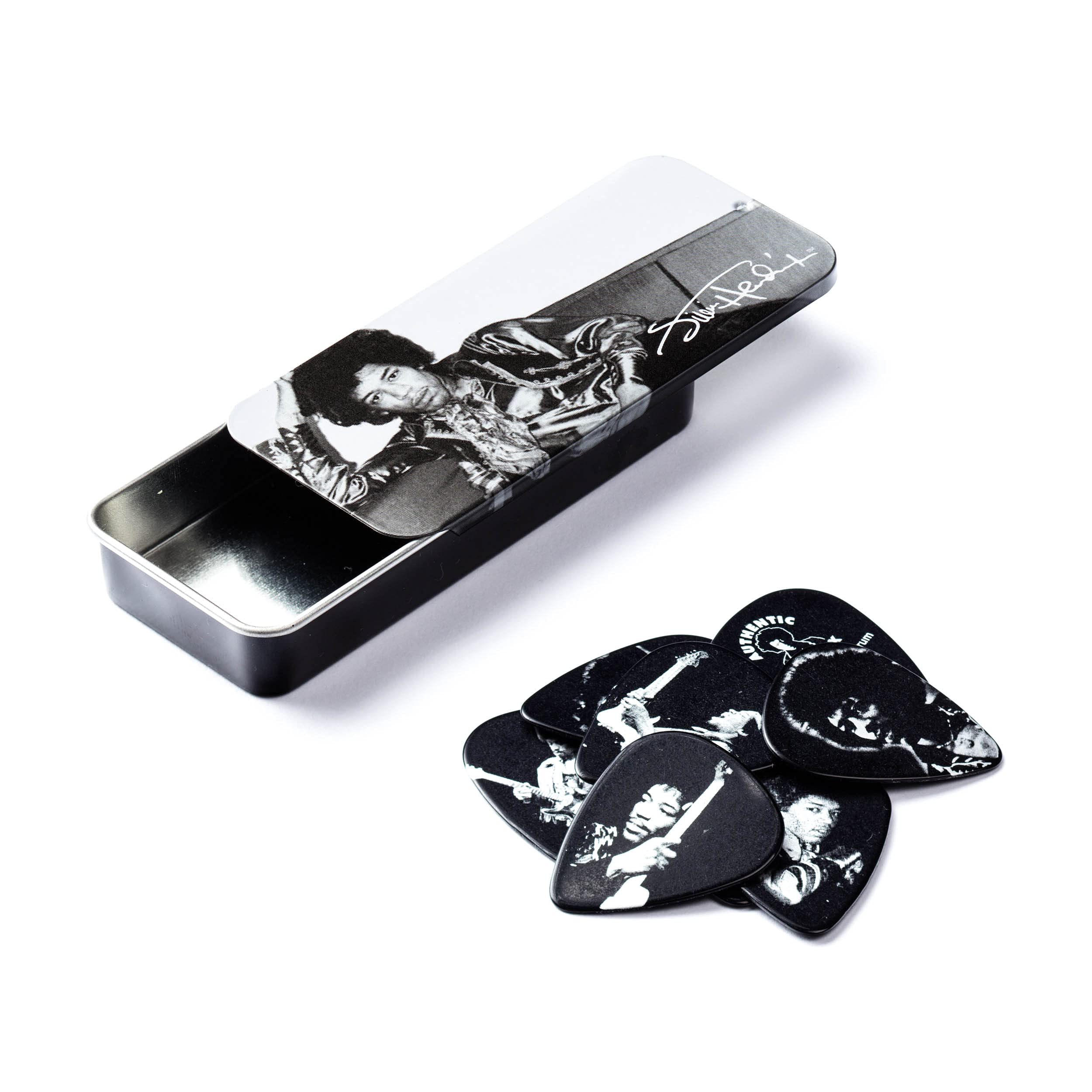 Dunlop JHPT05H Jimi Hendrix Silver Portrait Series Pick Tin, Assorted, Heavy, 6 Picks/Tin
