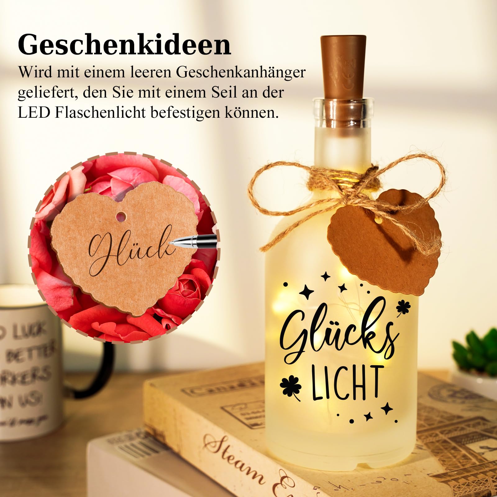 Vetbuosa Geschenk für Frauen, Glückslicht - LED Flaschenlicht mit Spruch, Geschenk für Freundin, Beleuchtete Dekoflasche mit Stopfen, Geburtstag Weihnachten Hochzeit Muttertag