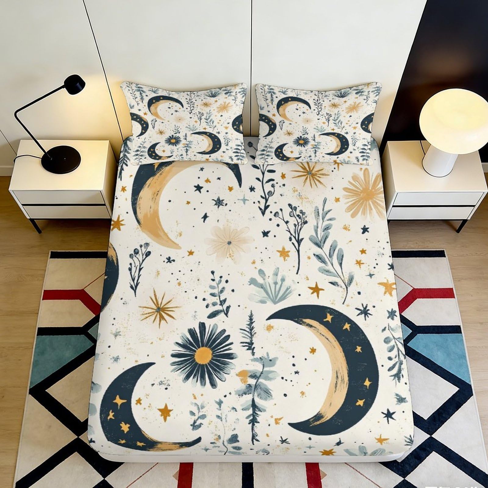 3D Printed Moon Floral Fitted Sheet Microfiber Soft Breathable Celestial Star Mattress Cover for Bedroom Decor 120x200cm 160x200x25cm