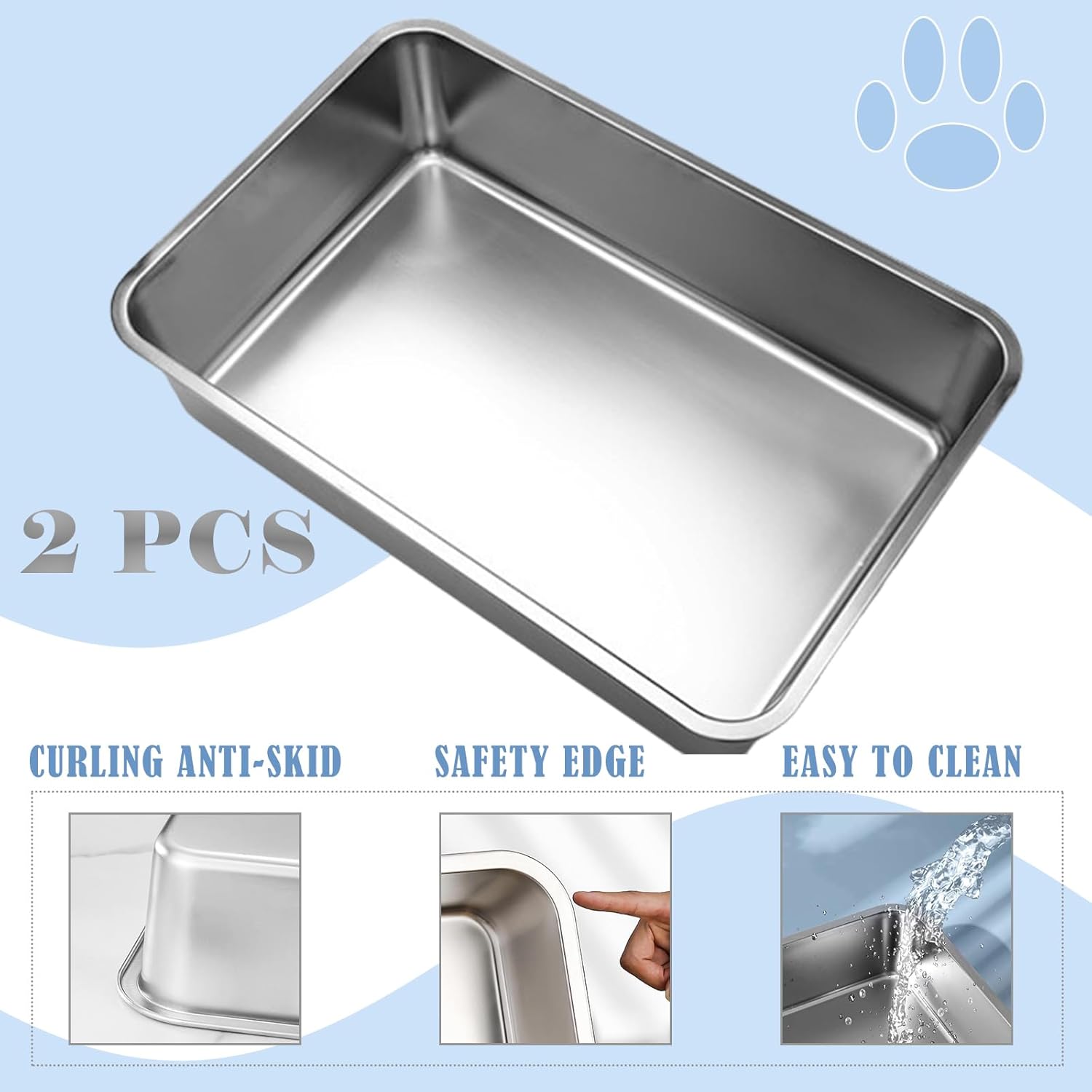 Cheardia 2 Pack Stainless Steel Cat Litter Box - High Side Metal Cats Toilet Large Rust Proof Litter Pan with Non Stick Smooth Surface for Cats, Kitten, Rabbits, 17.5 X 13.5 X 6 Inches