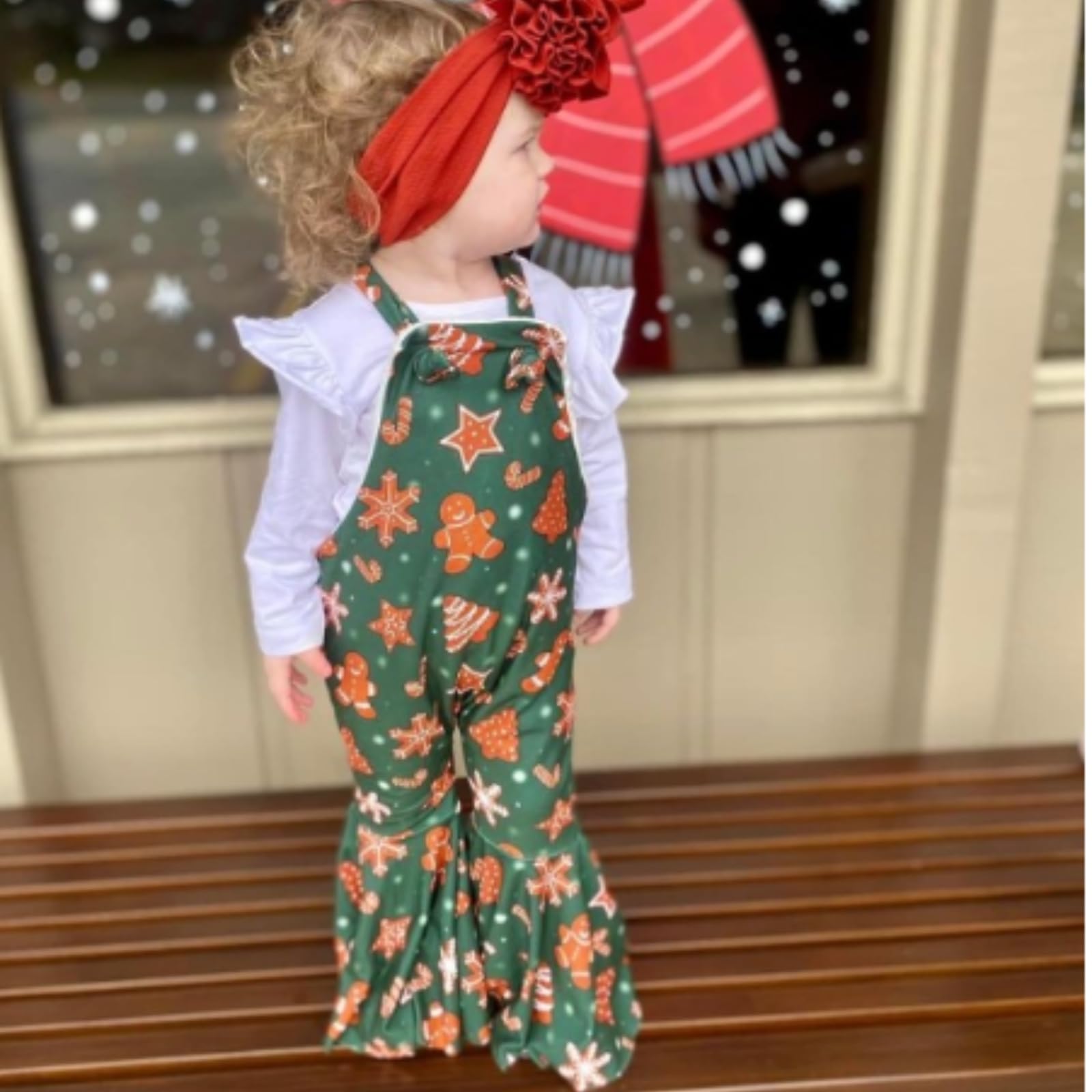 SHUING Toddler Baby Girl Christmas Clothes Gingerbread Man Print Sleeveless Flare Pants Suspender Overall Fall Winter Outfits (Green, 18-24 Months)