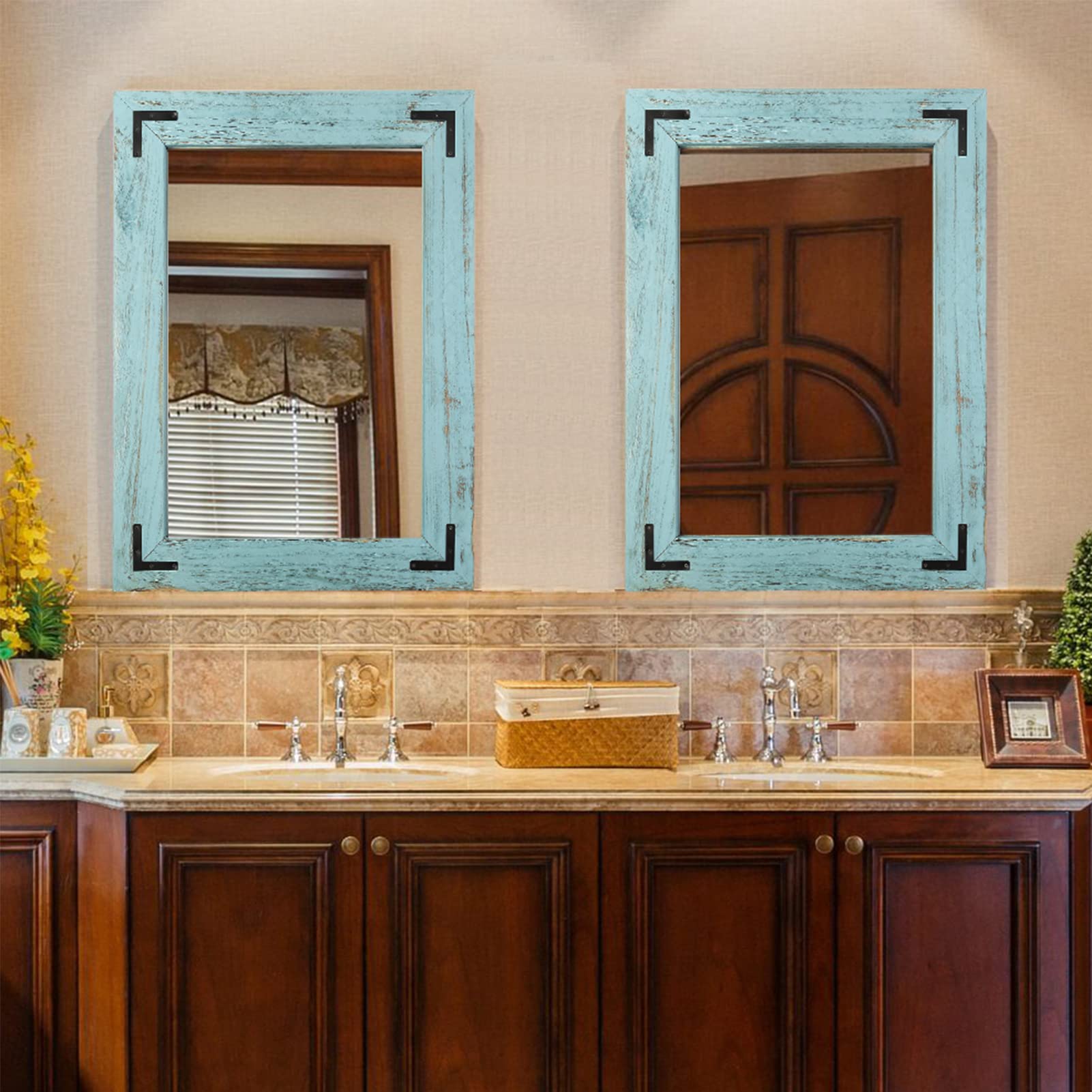 YOSHOOT Rustic Wooden Framed Wall Mirror, Natural Wood Bathroom Vanity Mirror for Farmhouse Decor, Vertical or Horizontal Hanging