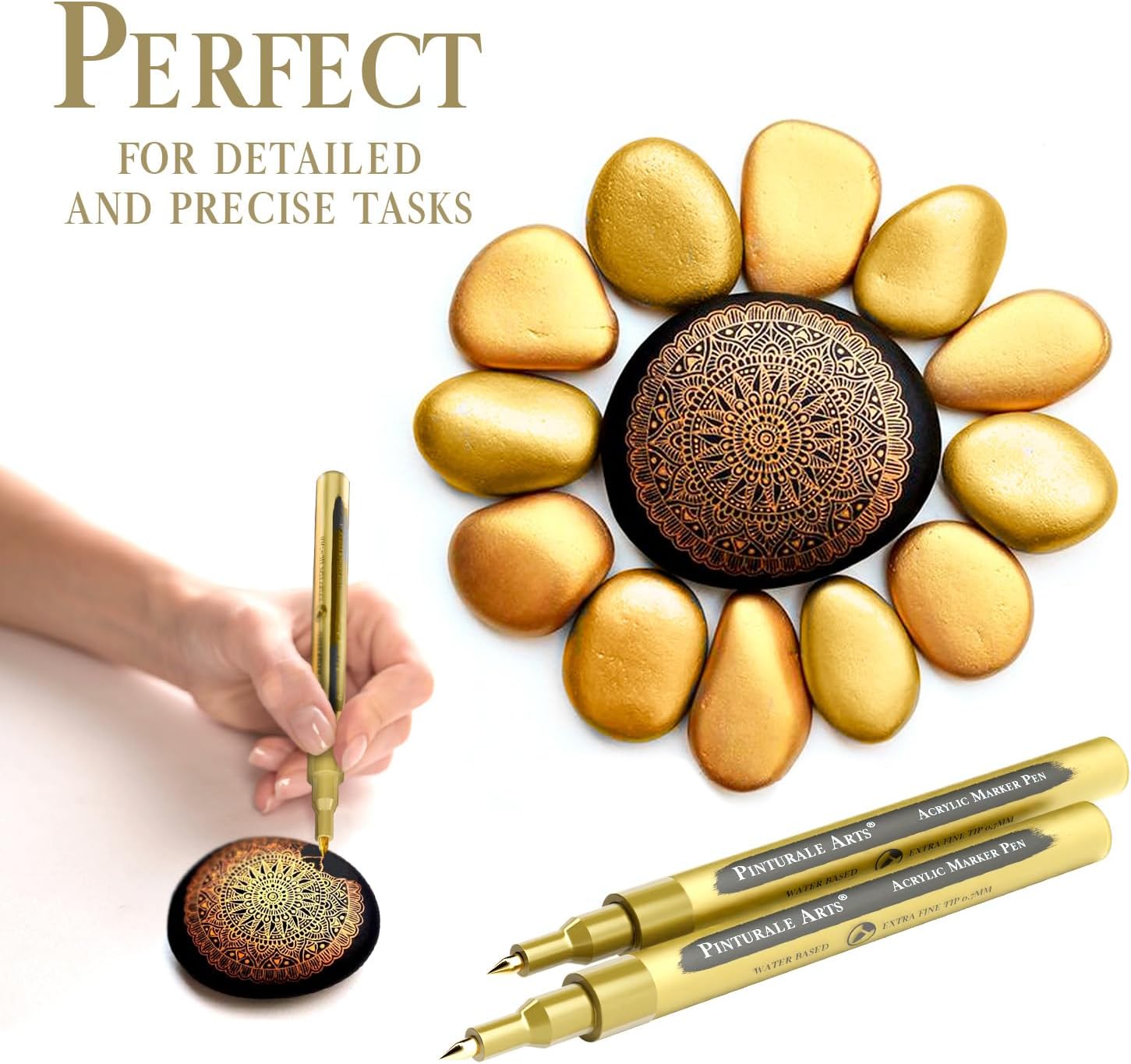 Pinturale Arts 4 Gold Paint Pen Fine Tip | Set 4 Gold Paint Marker Metallic | Extra Fine Tip 0,7mm | For Black Paper, Ceramics, Rock Painting, Glass, Wood, Canvas, Metal