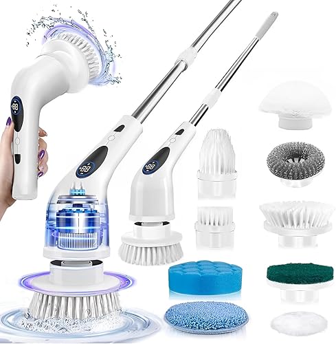 Limpiador eléctrico giratorio, limpiador giratorio de 3 velocidades para limpieza, cepillo de fregar inalámbrico con 9 cabezales reemplazables,