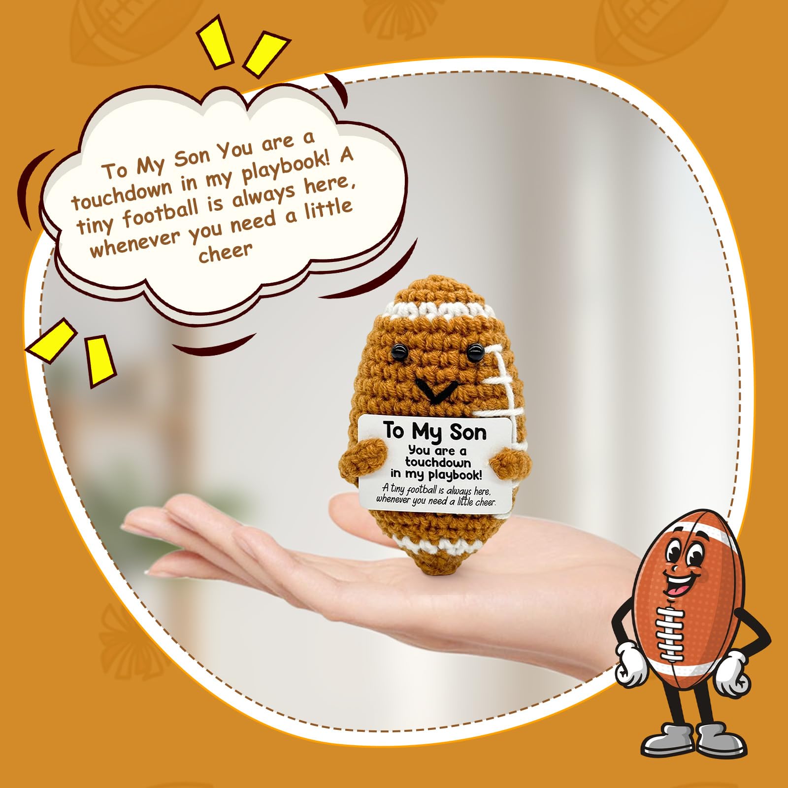 Qubitly 1Pc Handmade Son Gift Positive Crochet Football, Encouraging Rugby Doll With Card - Image 4