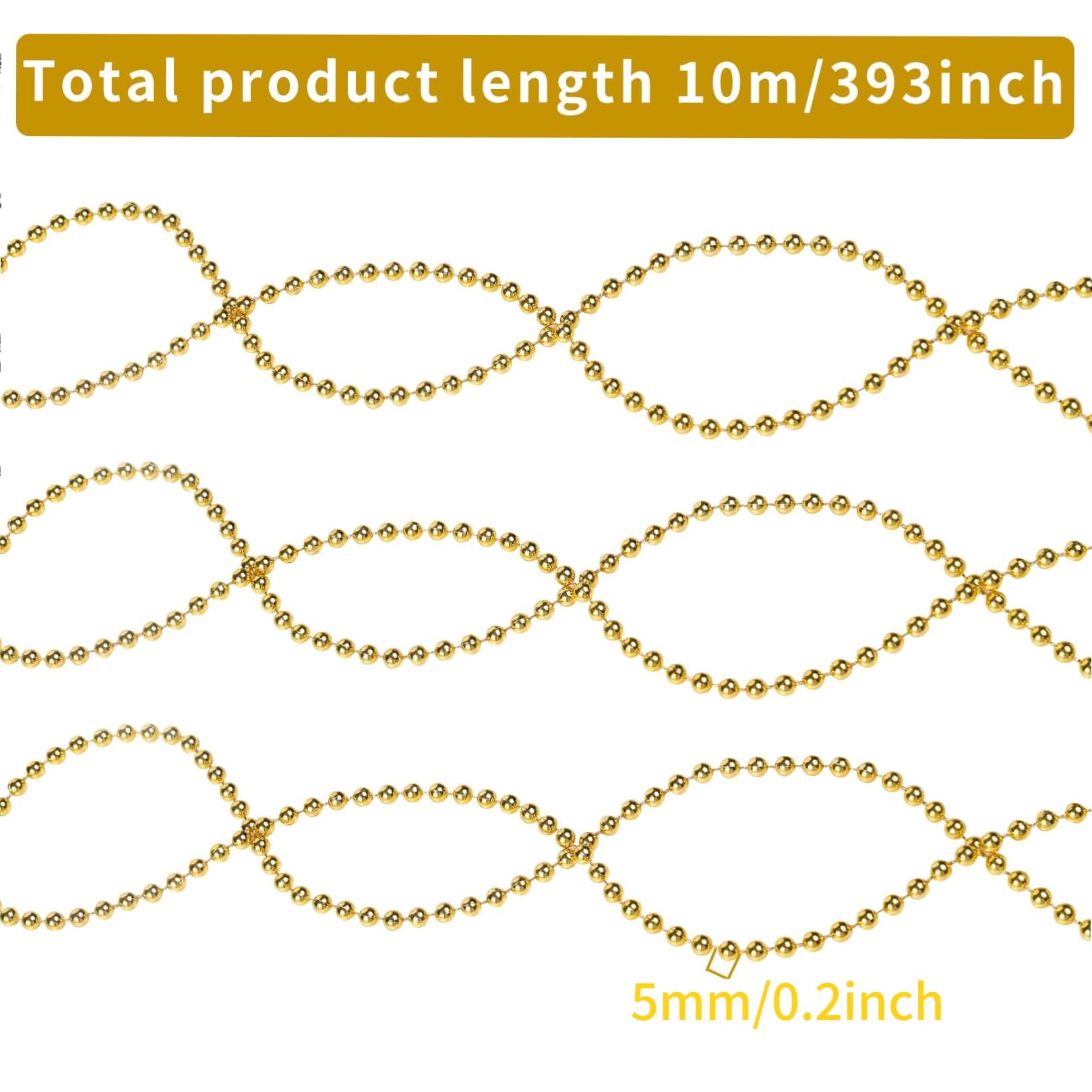 Collar de Perlas para Árbol de Navidad, 10 m, Dorado - Guirnalda y Cadena para Decoración Navideña, Manualidades y Bodas