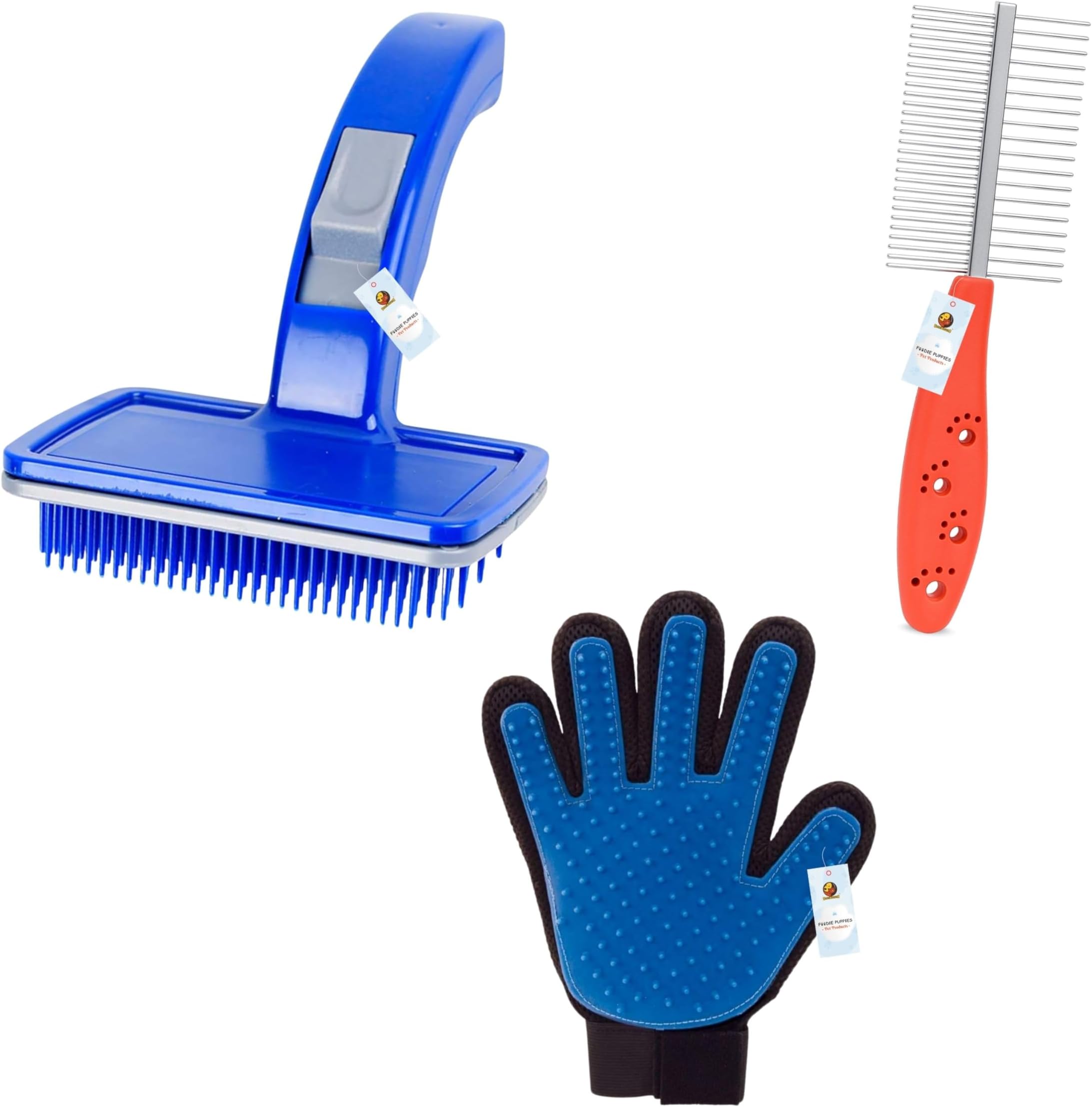 Foodie Puppies 3-in-1 Pet Grooming Accessories Combo - (Blue Slicker, True Touch Glove & Paw Dual Comb) for Dogs & Puppies I Perfect for Daily Grooming, Shedding, Deshedding & Coat Care
