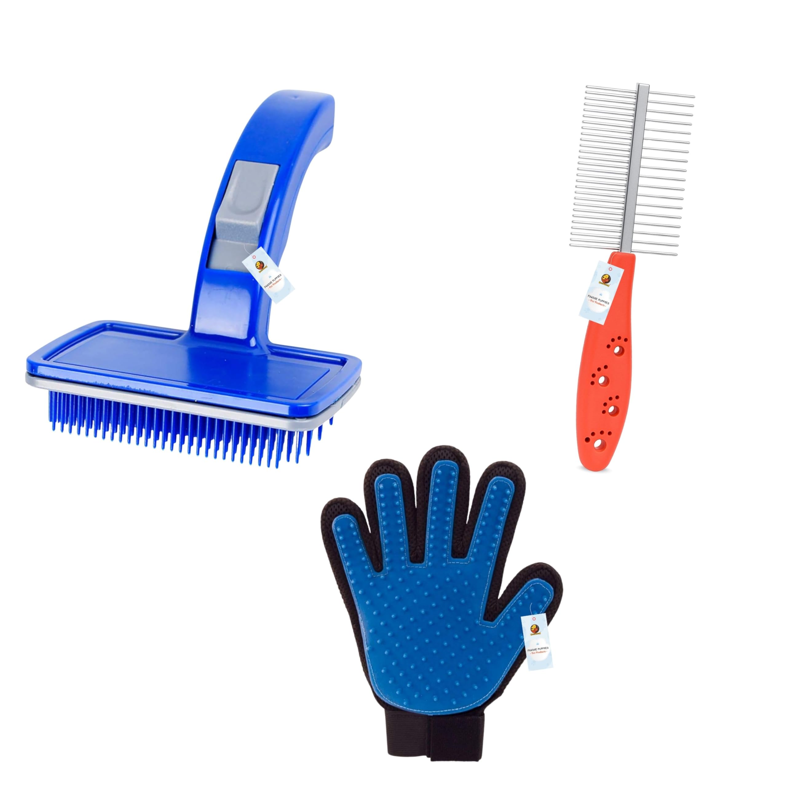 Foodie Puppies 3-in-1 Pet Grooming Accessories Combo - (Blue Slicker, True Touch Glove & Paw Dual Comb) for Dogs & Puppies I Perfect for Daily Grooming, Shedding, Deshedding & Coat Care