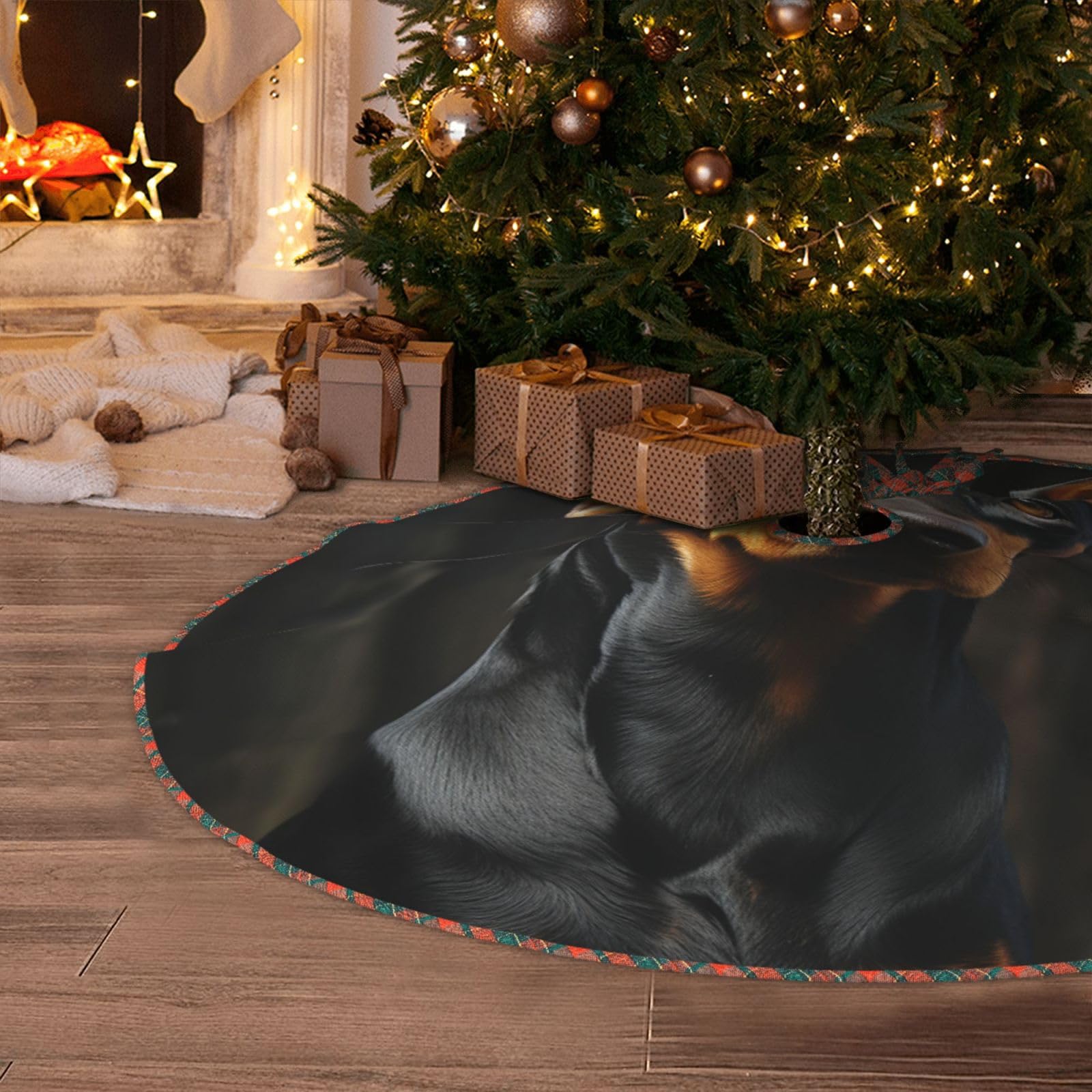Doberman Christmas Tree Skirt 48" Artificial Tree Mat Cover Merry Christmas Burlap Xmas Tree Skirt for Christmas Decoration Holiday Indoor Outdoor Winter Party Decor