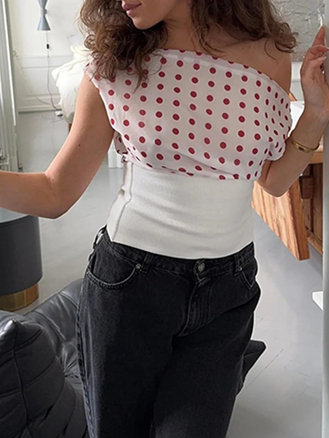 YELAIVP Polka Dot Off Shoulder Tops for Women Backless Tie Slim Waist Sleeveless Shirts Y2K Going Out Crop Tank Top - Image 2