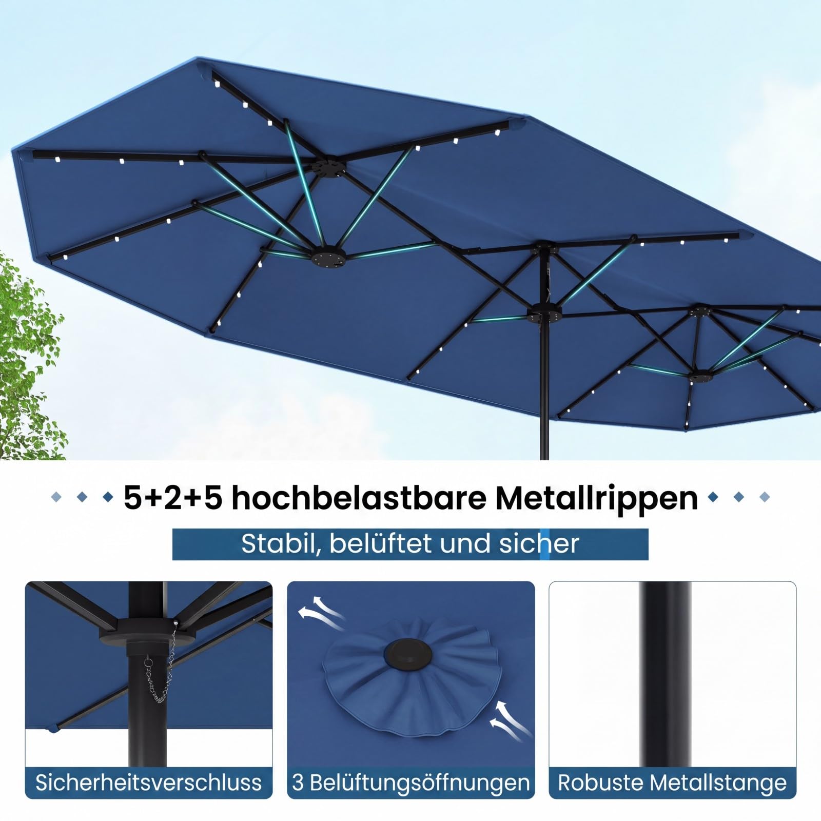 COSTWAY Podwójny parasol przeciwsłoneczny ze stojakiem i diodami LED, 400 x 200 cm, duży parasol przeciwsłoneczny, XXL, UPF 50+, parasol ogrodowy z korbą, parasol tarasowy, do ogrodu, na taras i basen