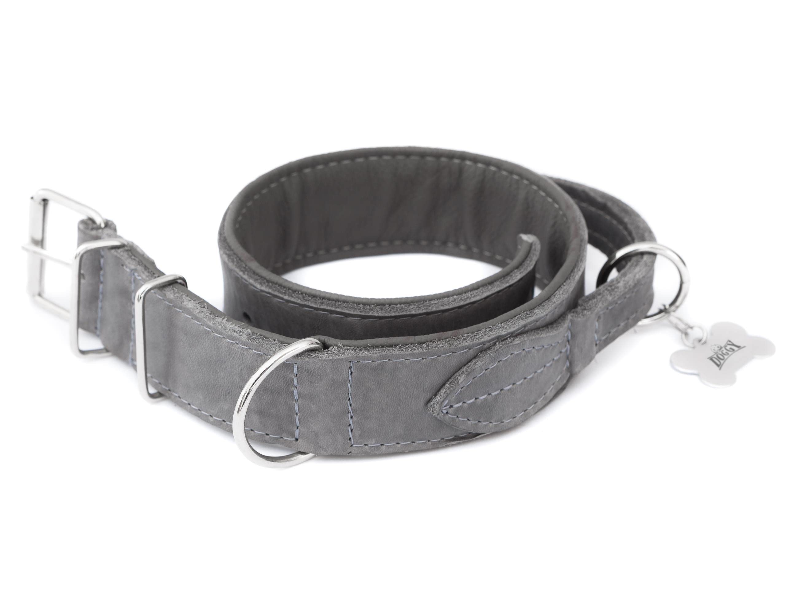 Collier pour chien en cuir avec poignée - Collier en cuir pour chien - Collier avec boucle en métal - Cendre - 47-54 cm