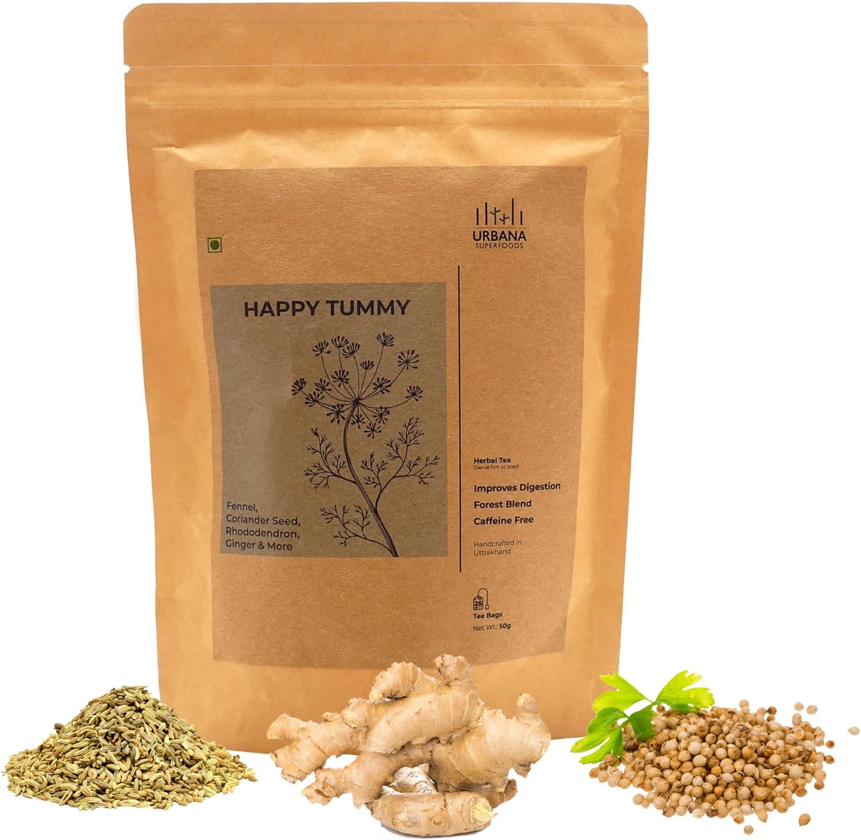 Urbana Superfoods Organic Aromatic Herbal Tea Bags | Happy Tummy Digestive Tea | Caffeine Free Blend with Ginger, Fennel & Coriander Seed | Supports Digestion & Gut Comfort | 25 Bags