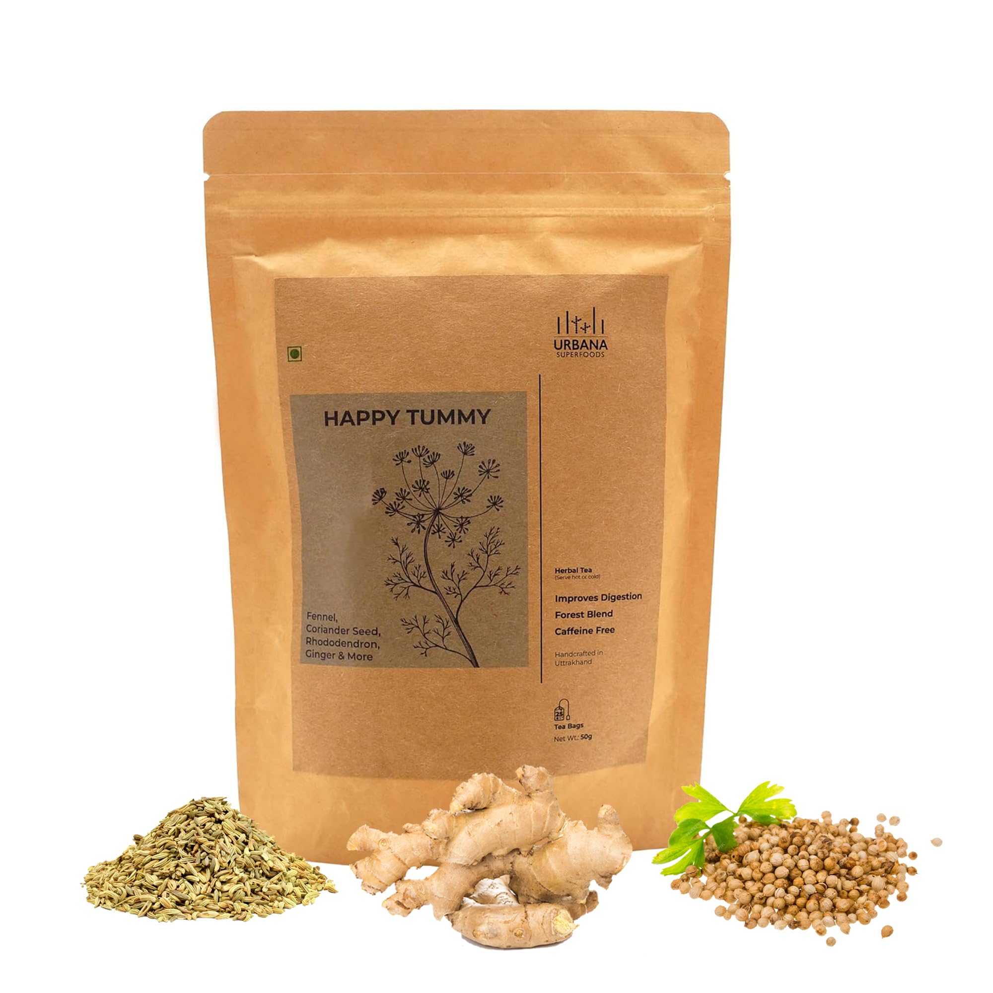 Urbana Superfoods Forest Blend Organic Herbal Tea Bags 25 Pieces (Happy Tummy) - Caffeine-Free, Infusion with 100% Whole Leaf, Natural Ginger, Fennel, and Coriander Seed