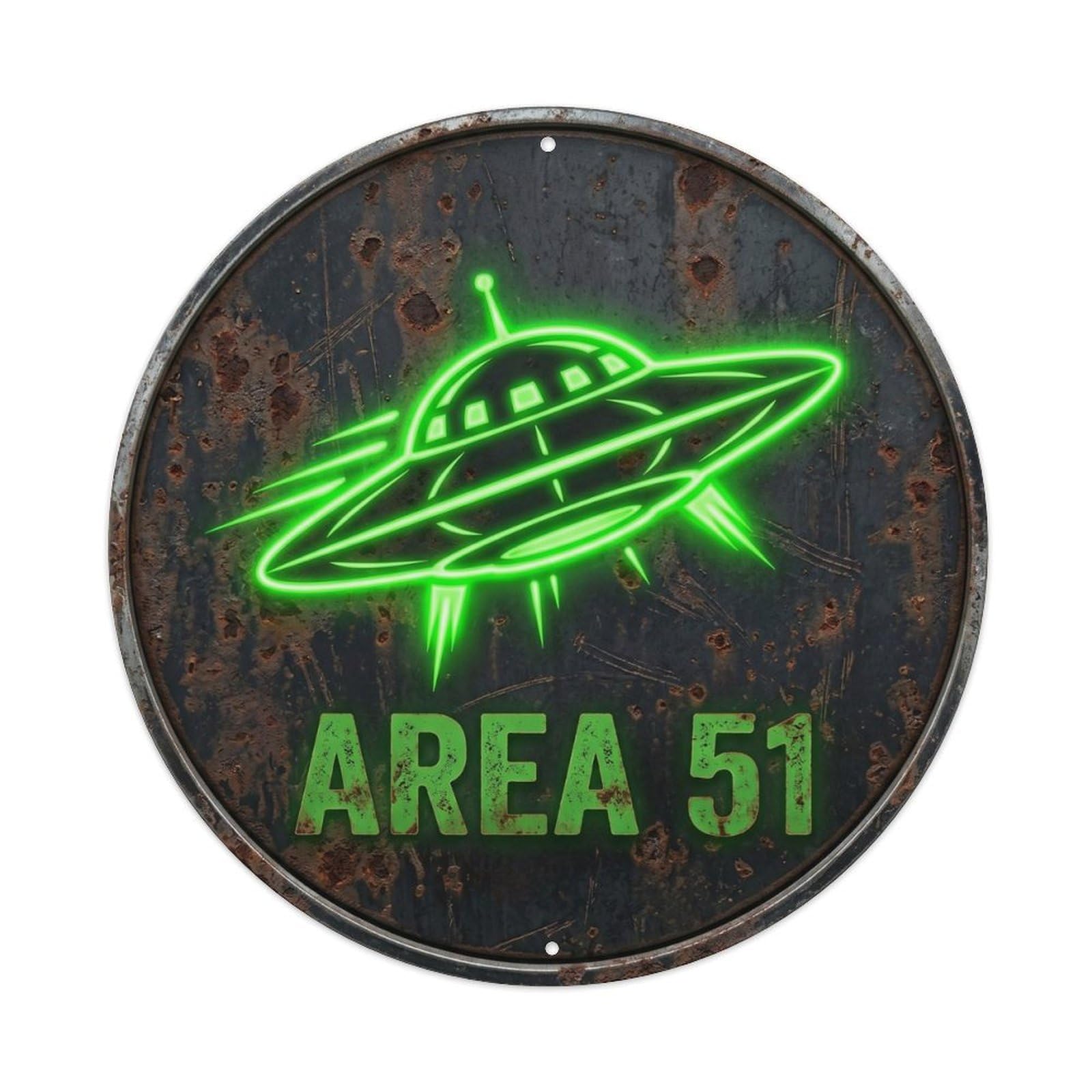 Alien Area 51 Neon Green Saucer Night Flight Metal Tin Sign