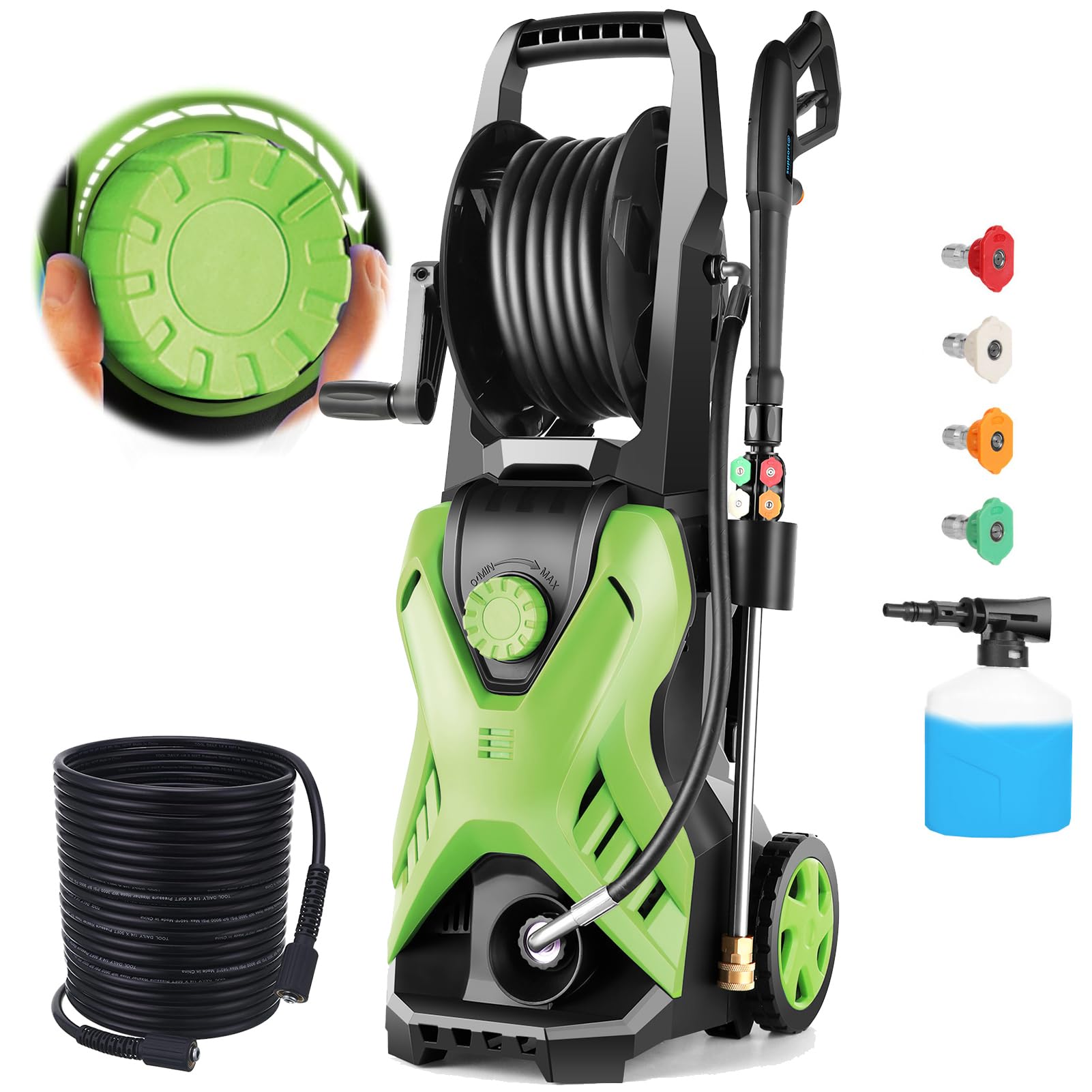 5000 PSI Adjustable Pressure Washer 2.8GPM Electric Power Washer with 33ft Pressure Hose, 4 Nozzle and Foam Cannon, Powerwashers for home, Cars, Pressure Setting Range (2500PSI-5000PSI)Green ( not tested)