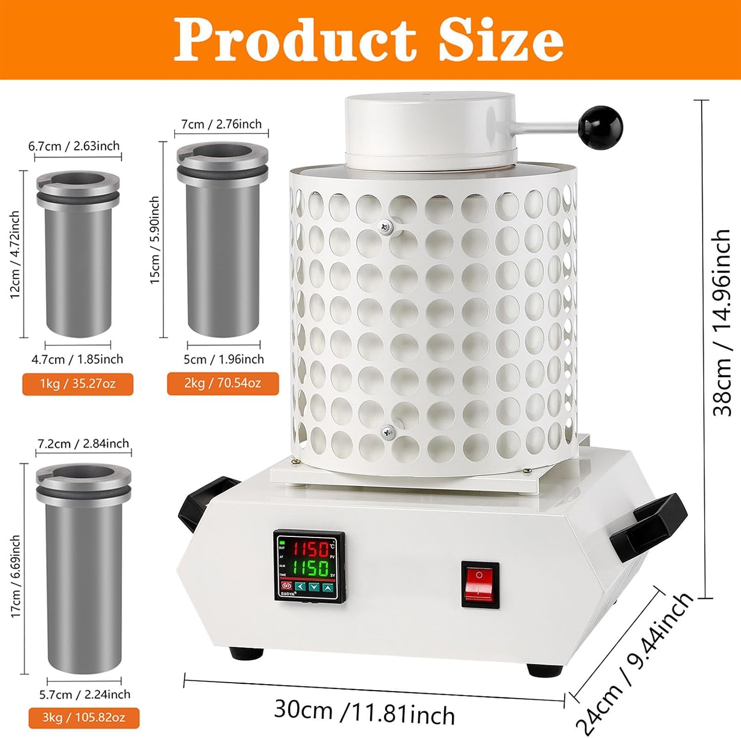 Electric Smelting Furnace, 1500W Gold Melting Furnace Kit, 2102℉/1150℃ Fast Smelter, Gold Melting Kit with Anti Scald Mesh for Gold Silver Copper Aluminum,White 1kg (Red)