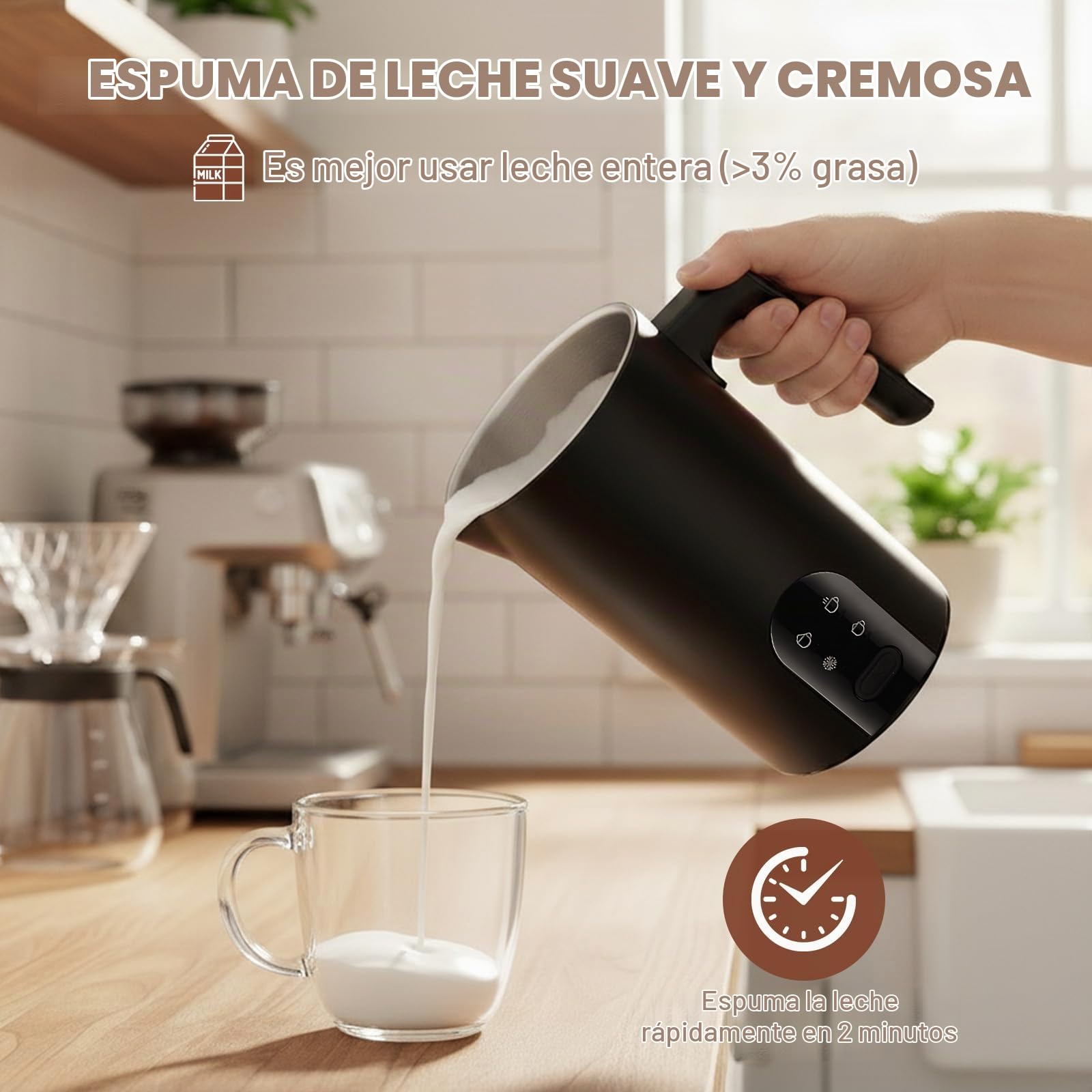 Espumador De Leche Eléctrico Con 4 Funciones: Espumador Automático Para Leche Caliente Y Fría, Apagado Automático, Acero Inoxidable, Ideal Para Matcha (Negro)