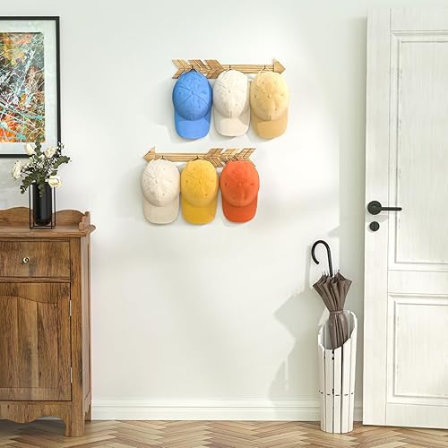 Miniatura 4 de HYDERMUS Perchero para 30 gorras de béisbol, paquete de 2 unidades, organizador de sombreros de flecha de madera rústica, almacenamiento para pared,