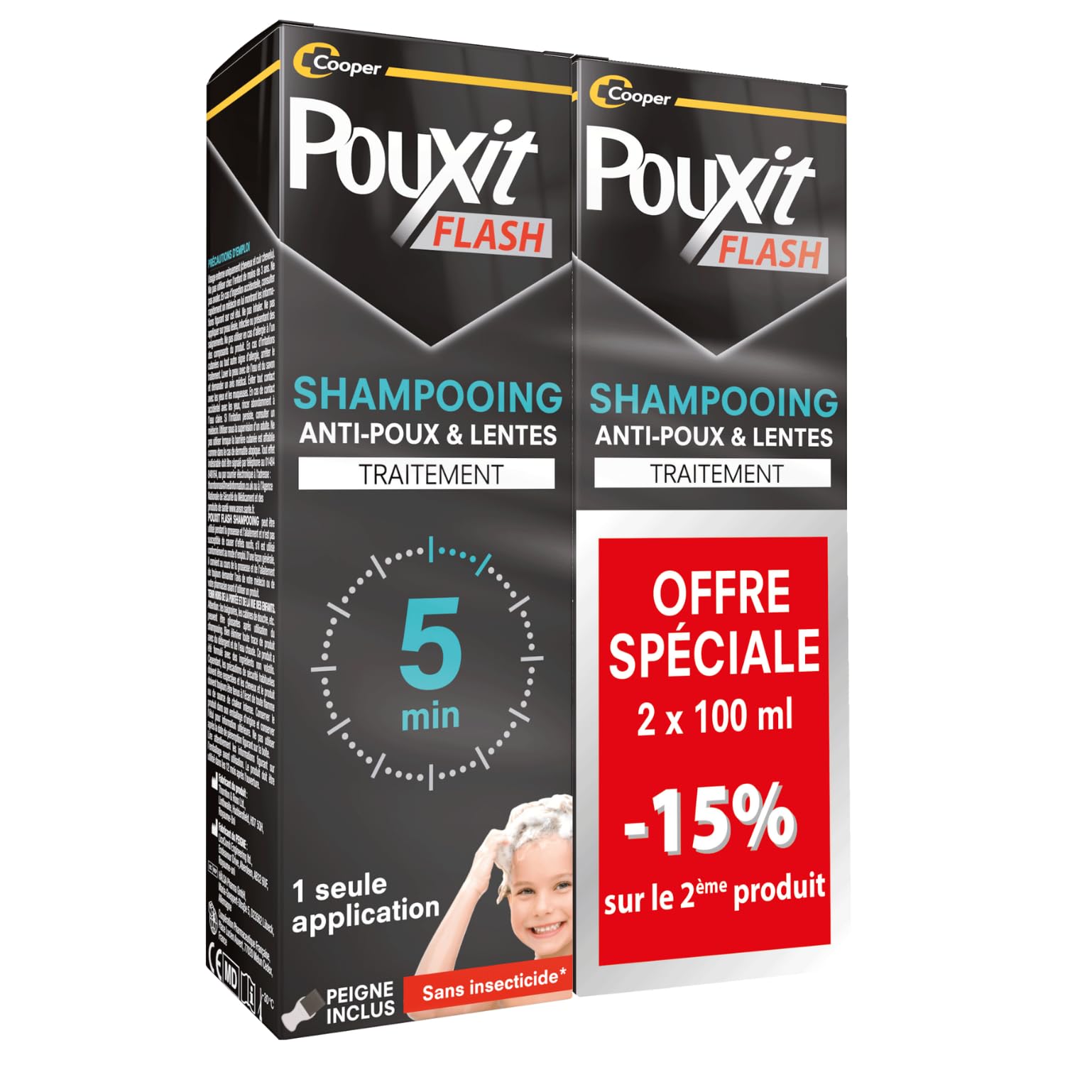 Pouxit - Flash - Shampooing Anti-poux et Lentes - Agit en 1 Application de 5 Minutes Seulement - Traitement du Cuir Chevelu - Lot de 2 - 2x100 ml