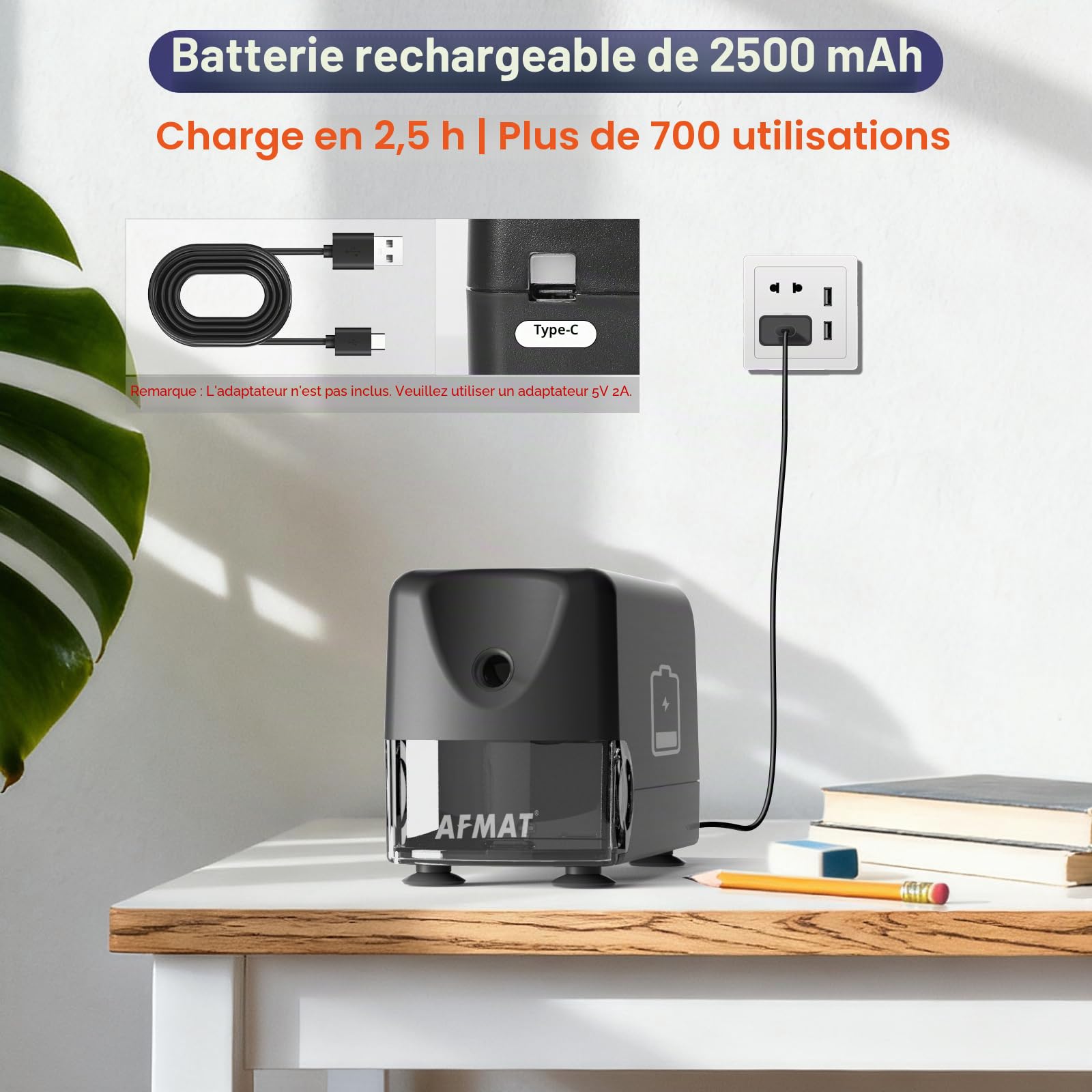 AFMAT Taille-crayon électrique automatique, arrêt automatique, rechargeable, avec récipient pour crayons de 6 à 11 mm, pointe rapide en 2 s, 10 000 opérations, noir PSD3