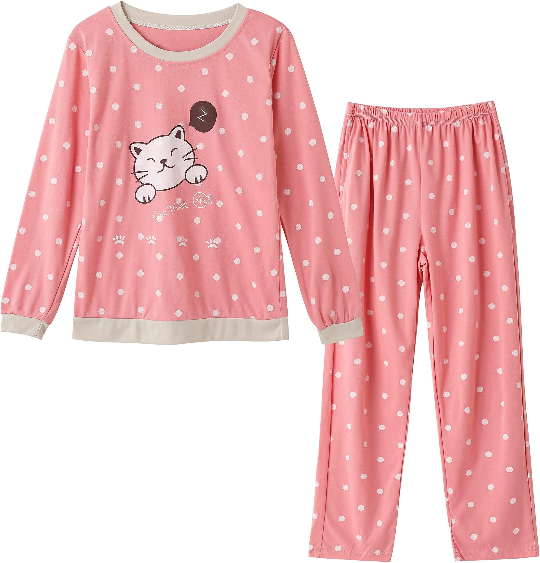 Hupohoi Big Girls Winter Long Sleeve Pajama Sets Cute Cat Patterns Sleepwear Cartoon Pjs