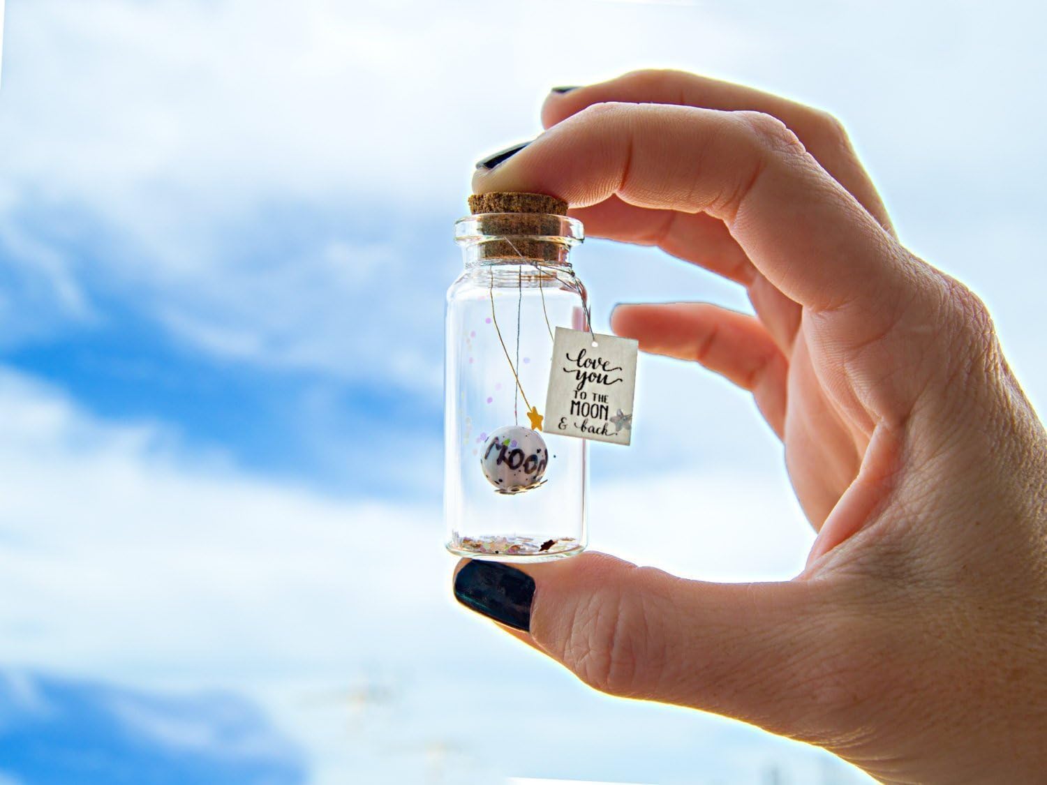 I love you to the moon & back. Tiny message in a bottle. Personalised Gift. Funny Love Card. Valentine Card. Special greeting card.