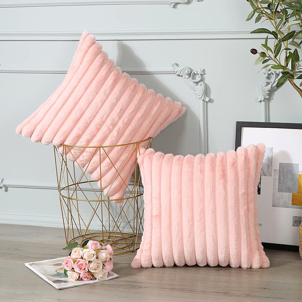 Soleebee Set of 2 Throw Pillow Covers Soft Cozy Velvet Pillowcase Faux Rabbit Fur Cover for Couch Sofa Bed Chair Home Decorative Pillows Cover (28x28 Inch, Pink)