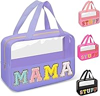 Vista 11 de izuzta Bolsas de maquillaje transparentes con letras de chenilla tipo tote, bolsa de maquillaje preppy con asa, Moda