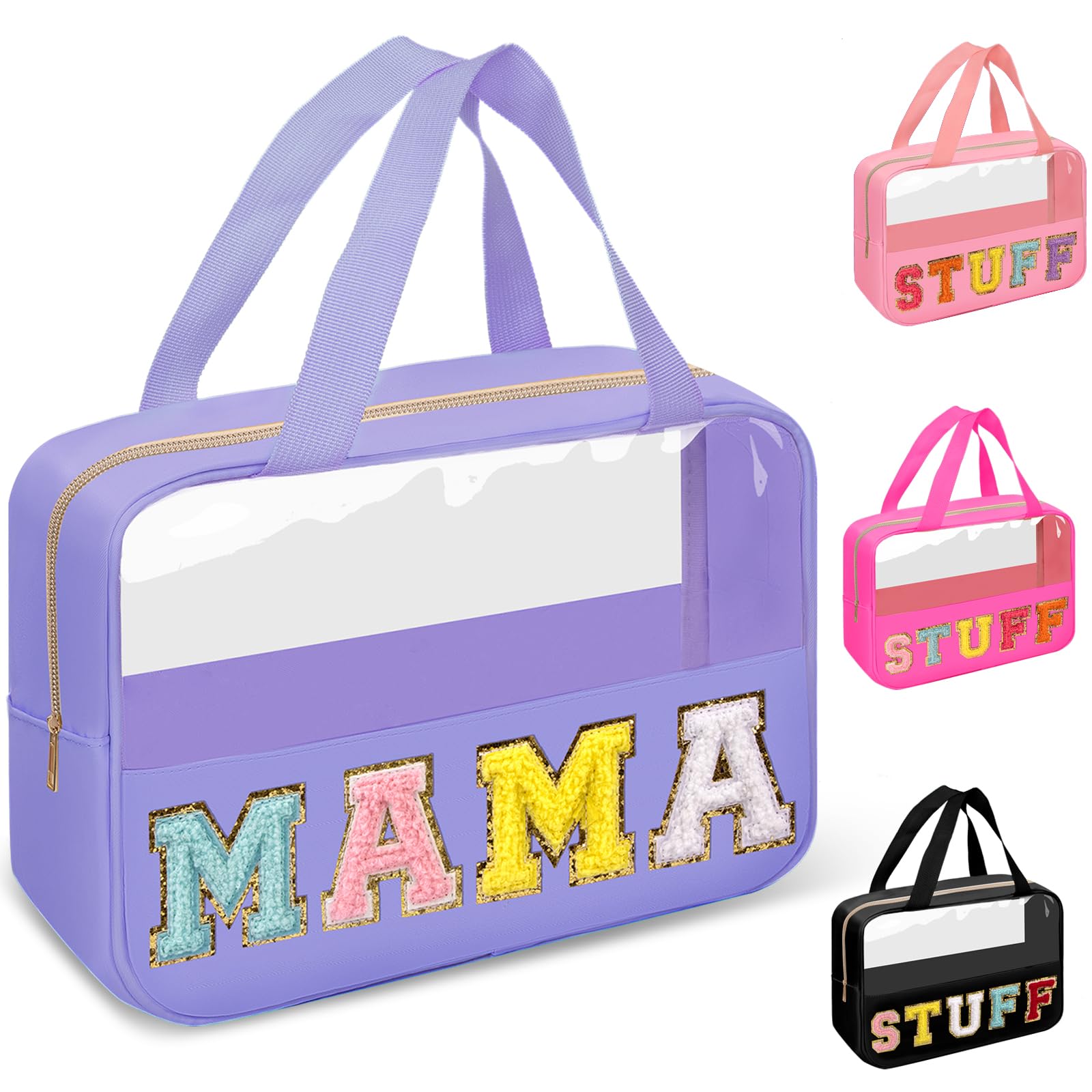 Chenille Letter Clear Makeup Bags Mama Tote, Preppy Patch Makeup Bag Zipper with Handle, Waterproof PVC & Nylon Portable Glitter Large Cosmetic Travel
