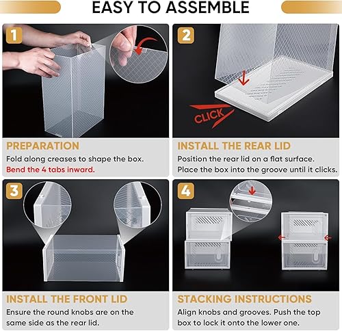 Miniatura 3 de BALEINE Paquete de 3 cajas apilables de almacenamiento de zapatos para tamaño 9, contenedores transparentes gruesos con tapas, organizador plegable