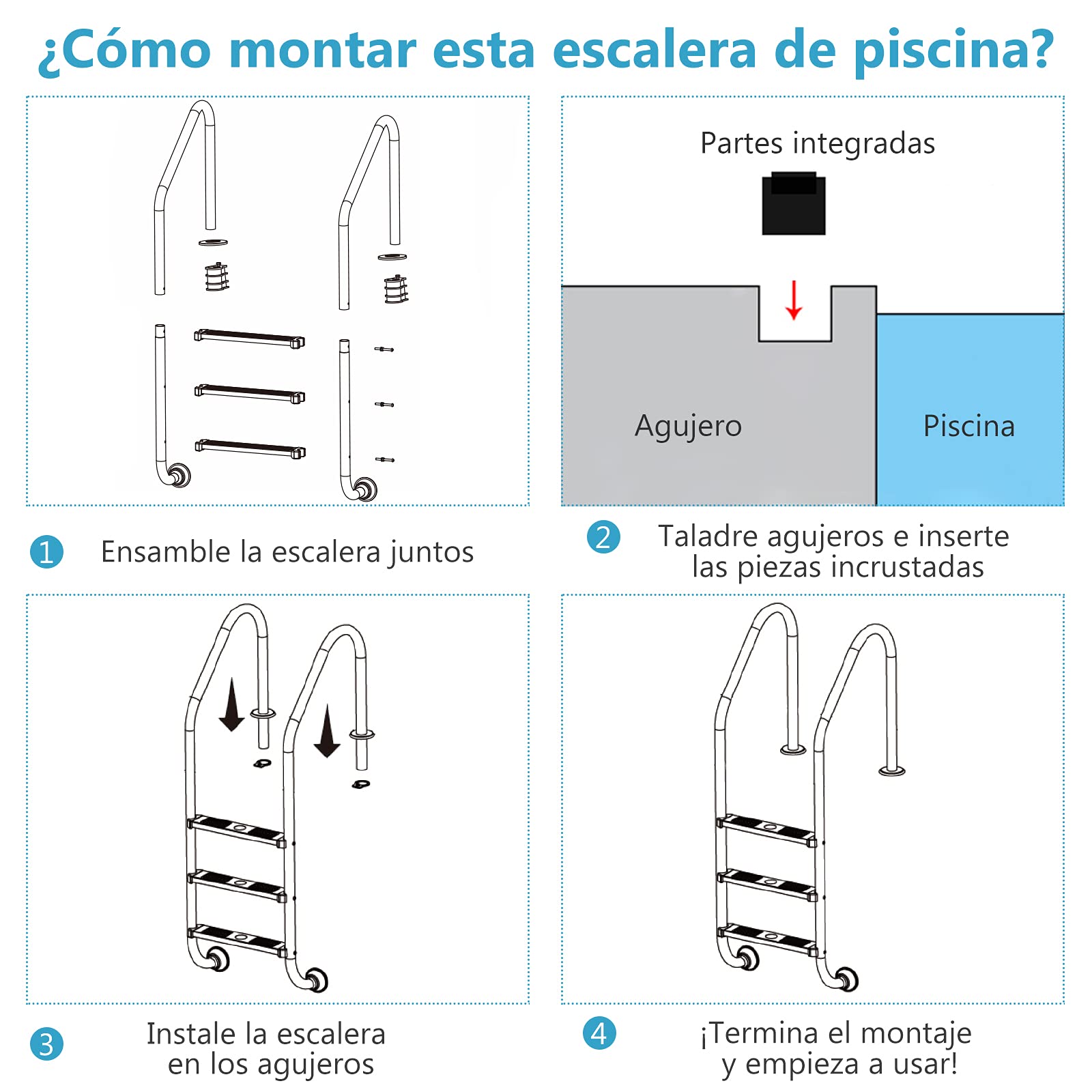RELAX4LIFE Escalera de Piscina de Acero Inoxidable de 3 Niveles con Pasamanos, Escalera de Entrada de Piscina con Almohadillas Antideslizantes, Carga 150 kg, 63x53x147cm, Plateado